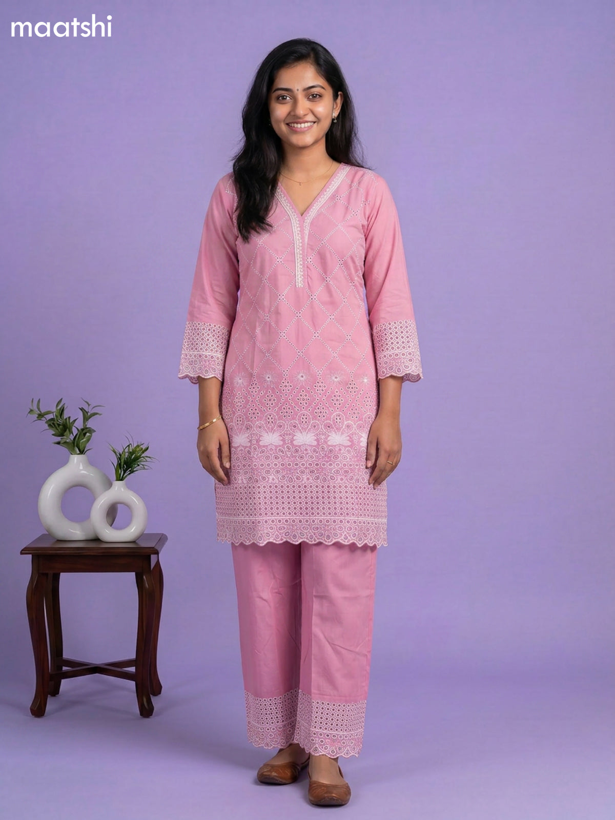 Pink Cotton Hakoba & Lace Work Long Co-Ord Set