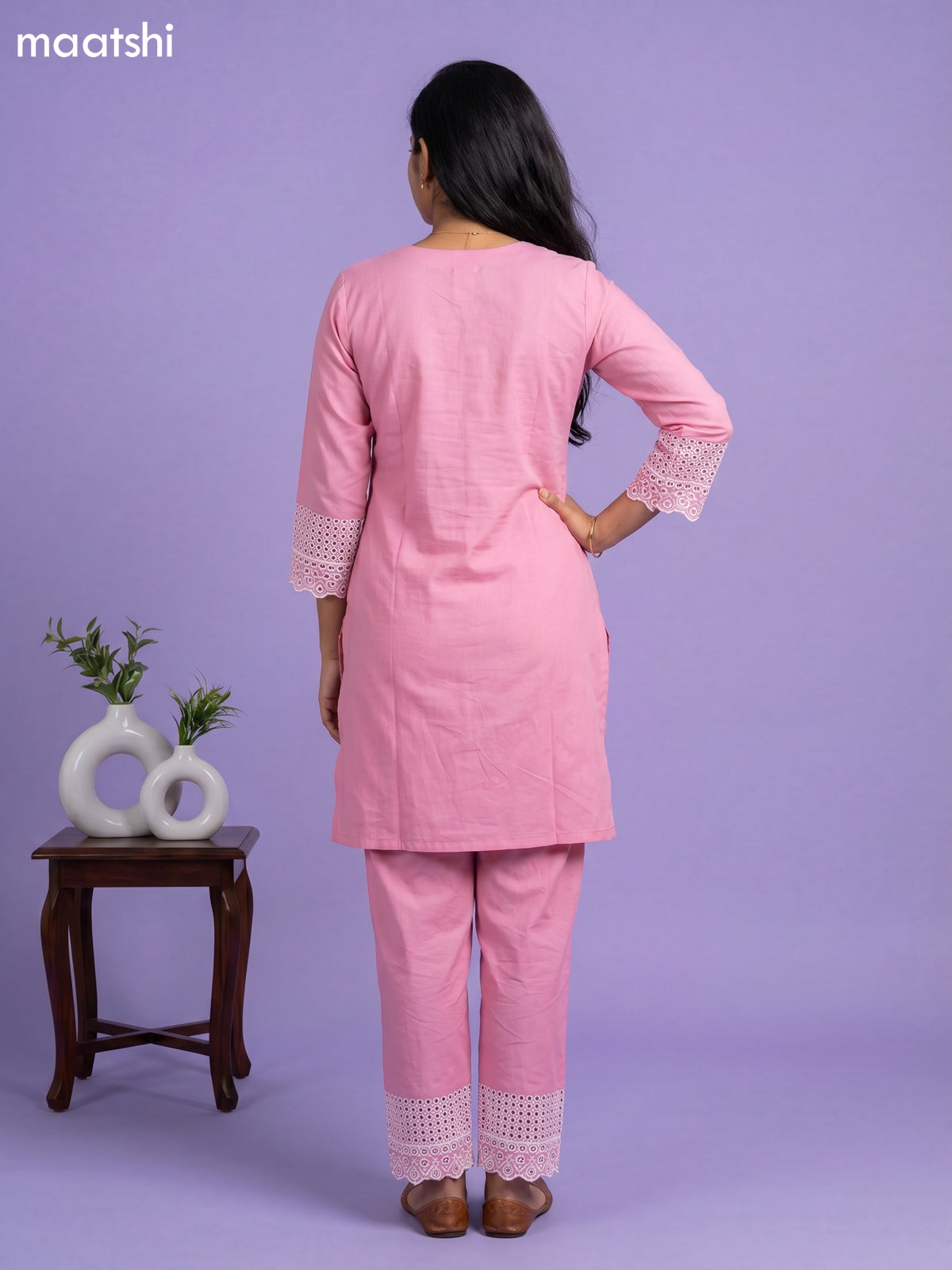 Pink Cotton Hakoba & Lace Work Long Co-Ord Set