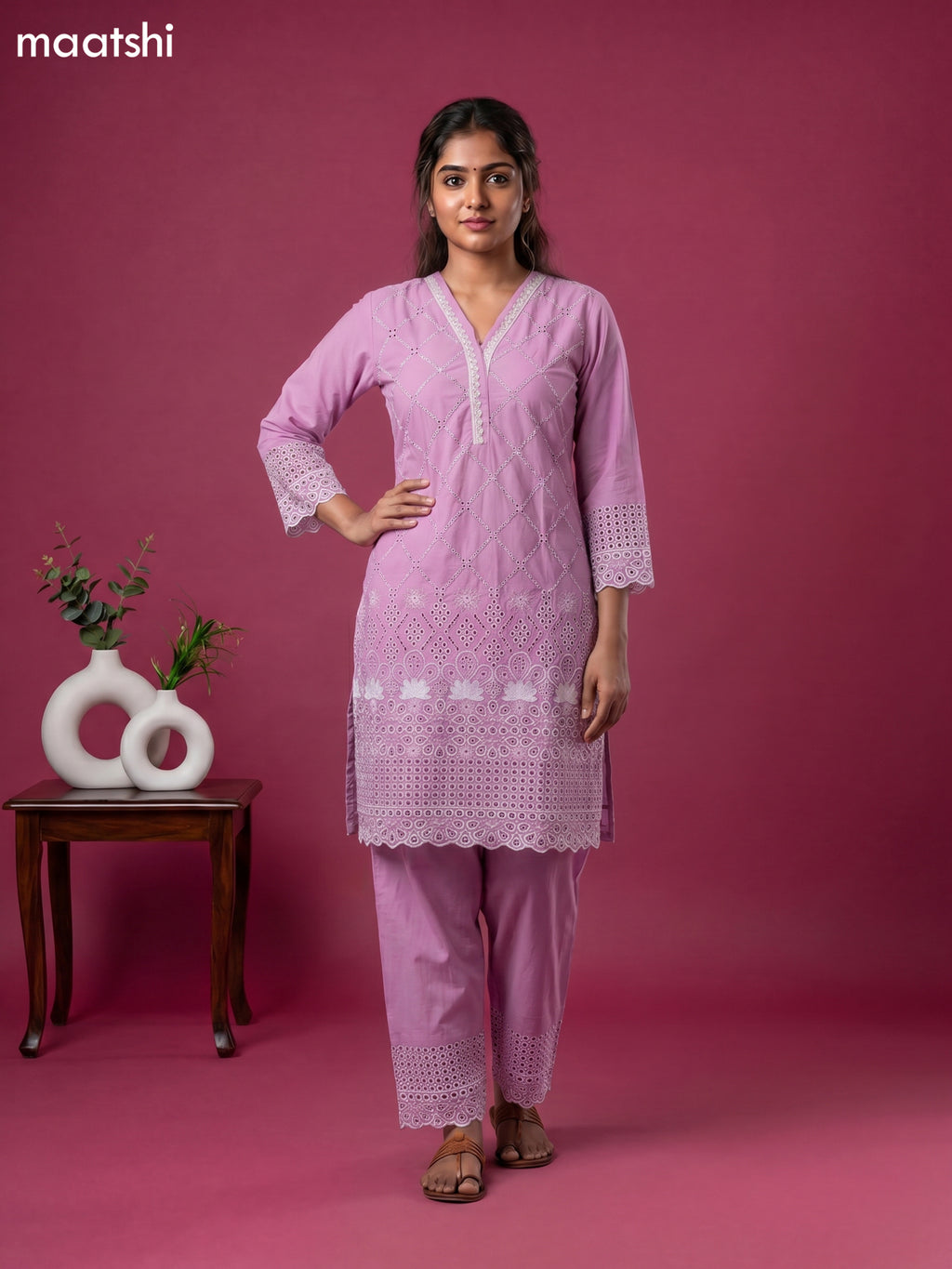 Mauve Pink Cotton Hakoba & Lace Work Long Co-Ord Set