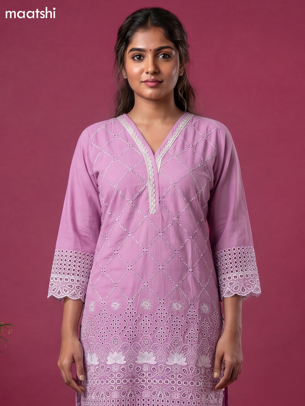 Mauve Pink Cotton Hakoba & Lace Work Long Co-Ord Set