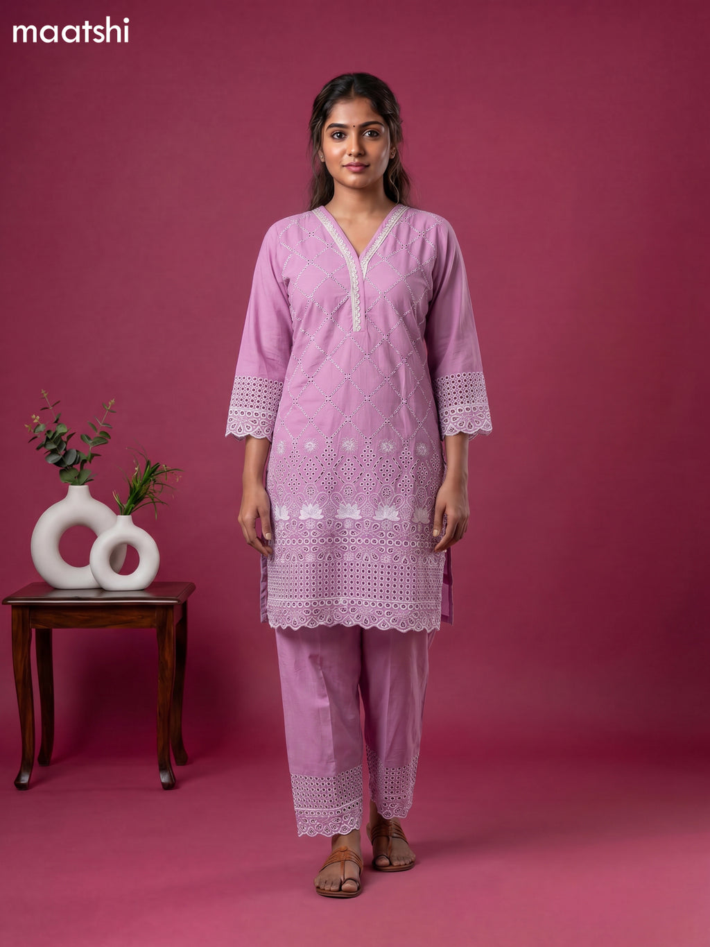 Mauve Pink Cotton Hakoba & Lace Work Long Co-Ord Set