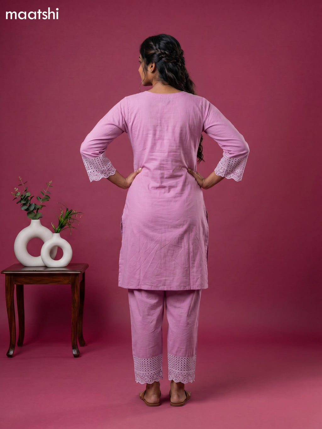 Mauve Pink Cotton Hakoba & Lace Work Long Co-Ord Set