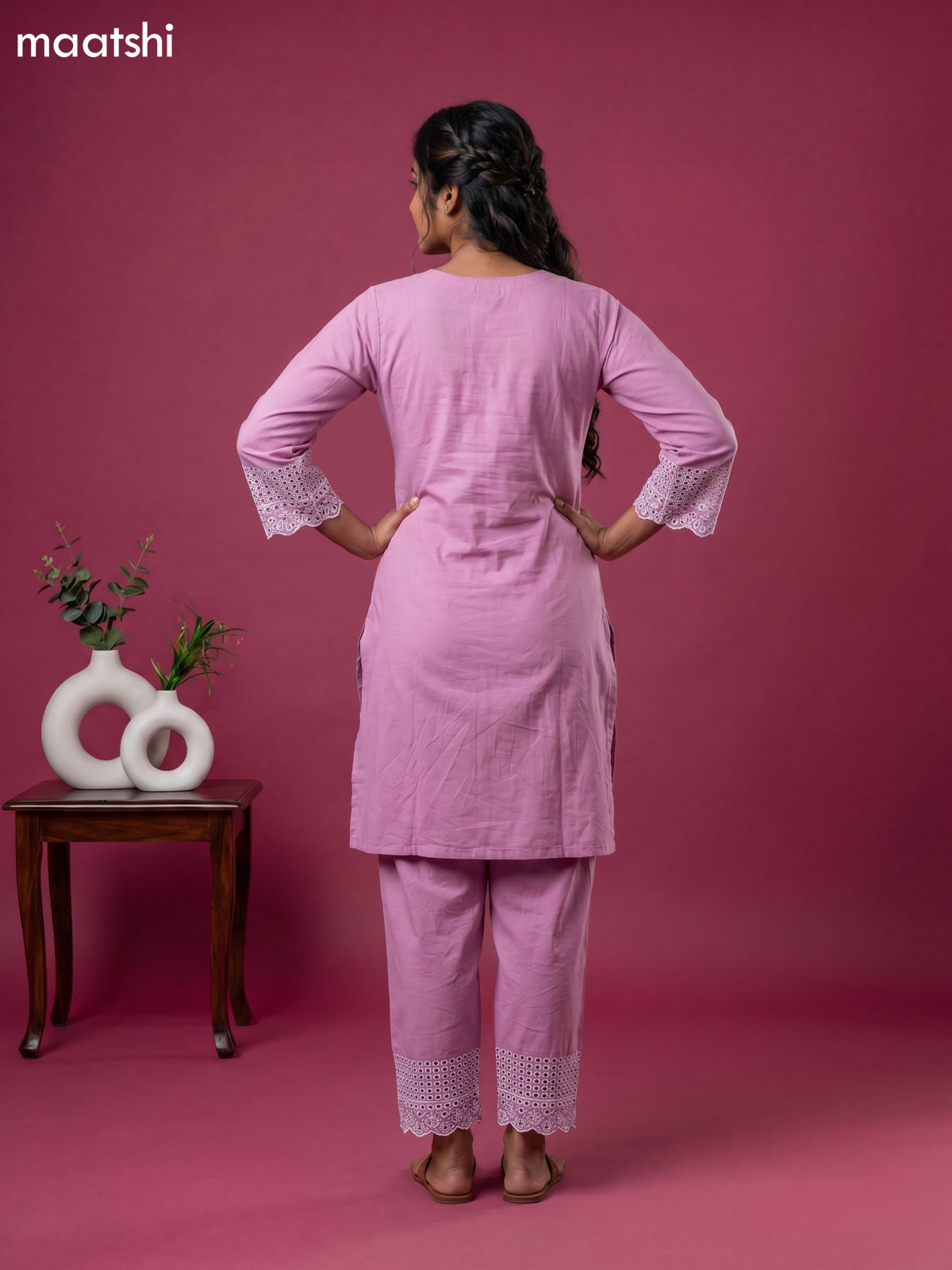 Mauve Pink Cotton Hakoba & Lace Work Long Co-Ord Set