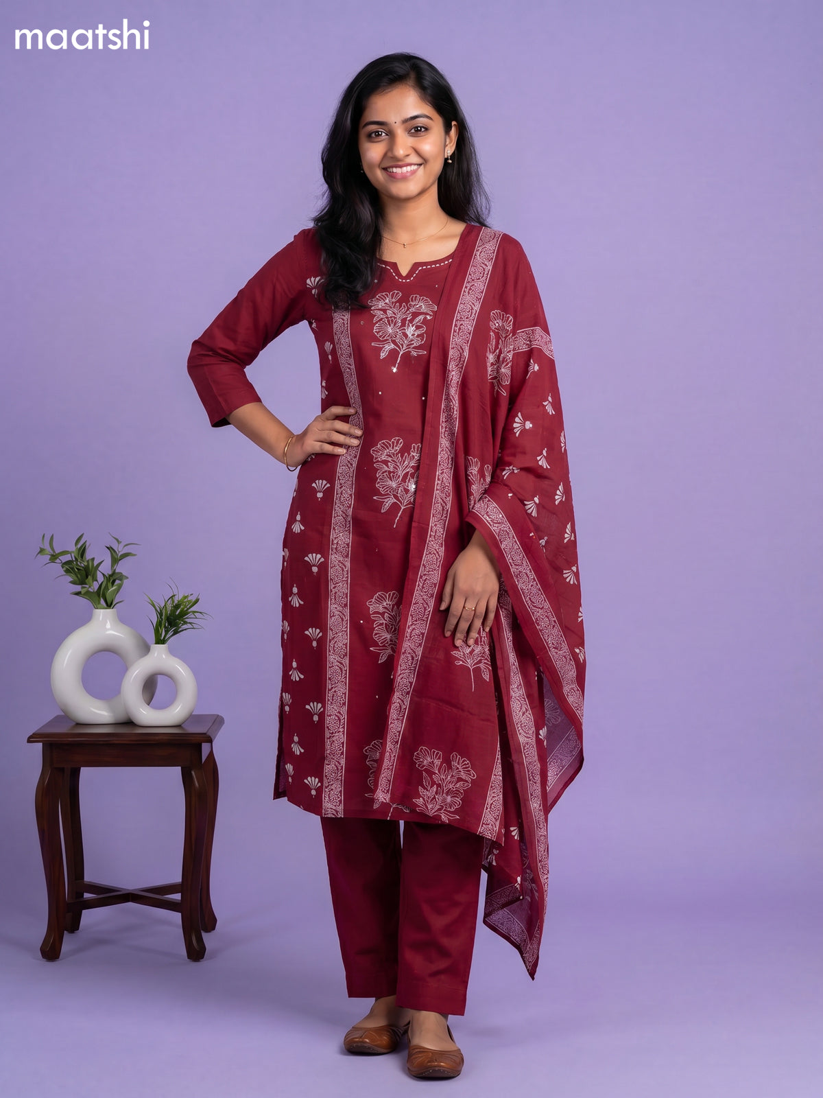 Maroon Cotton Floral Printed Straight Suit
