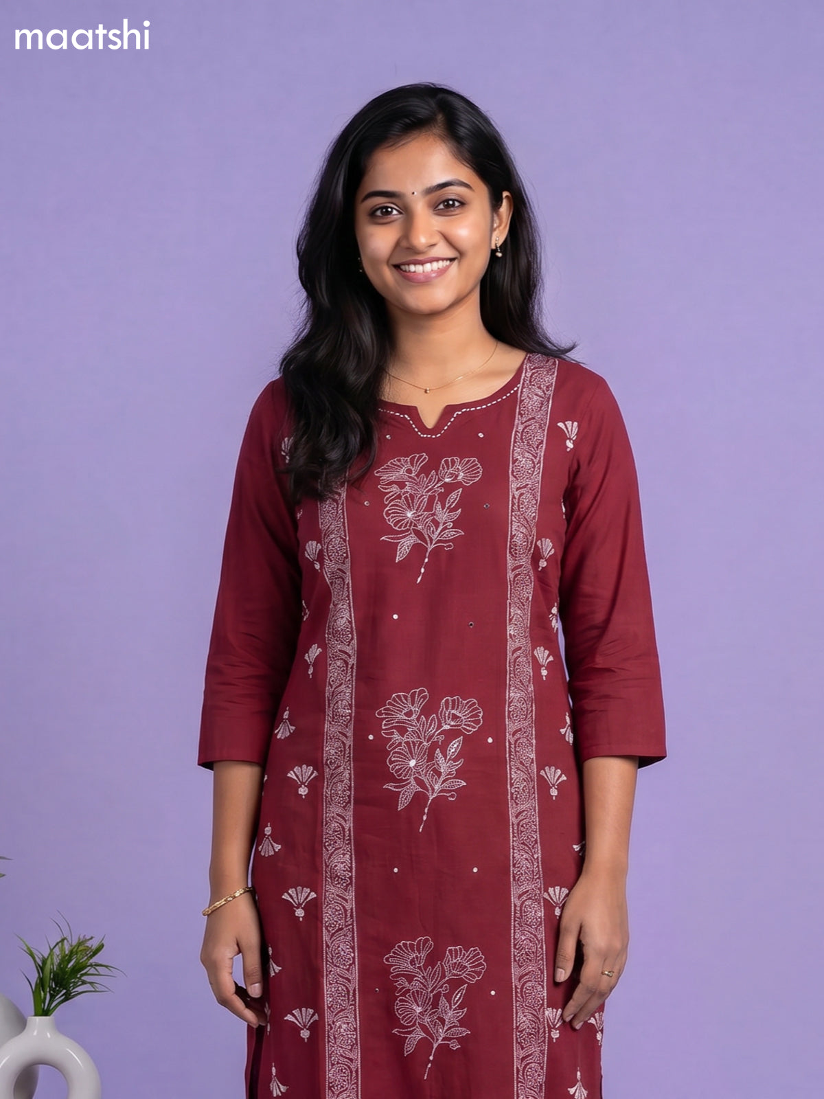 Maroon Cotton Floral Printed Straight Suit