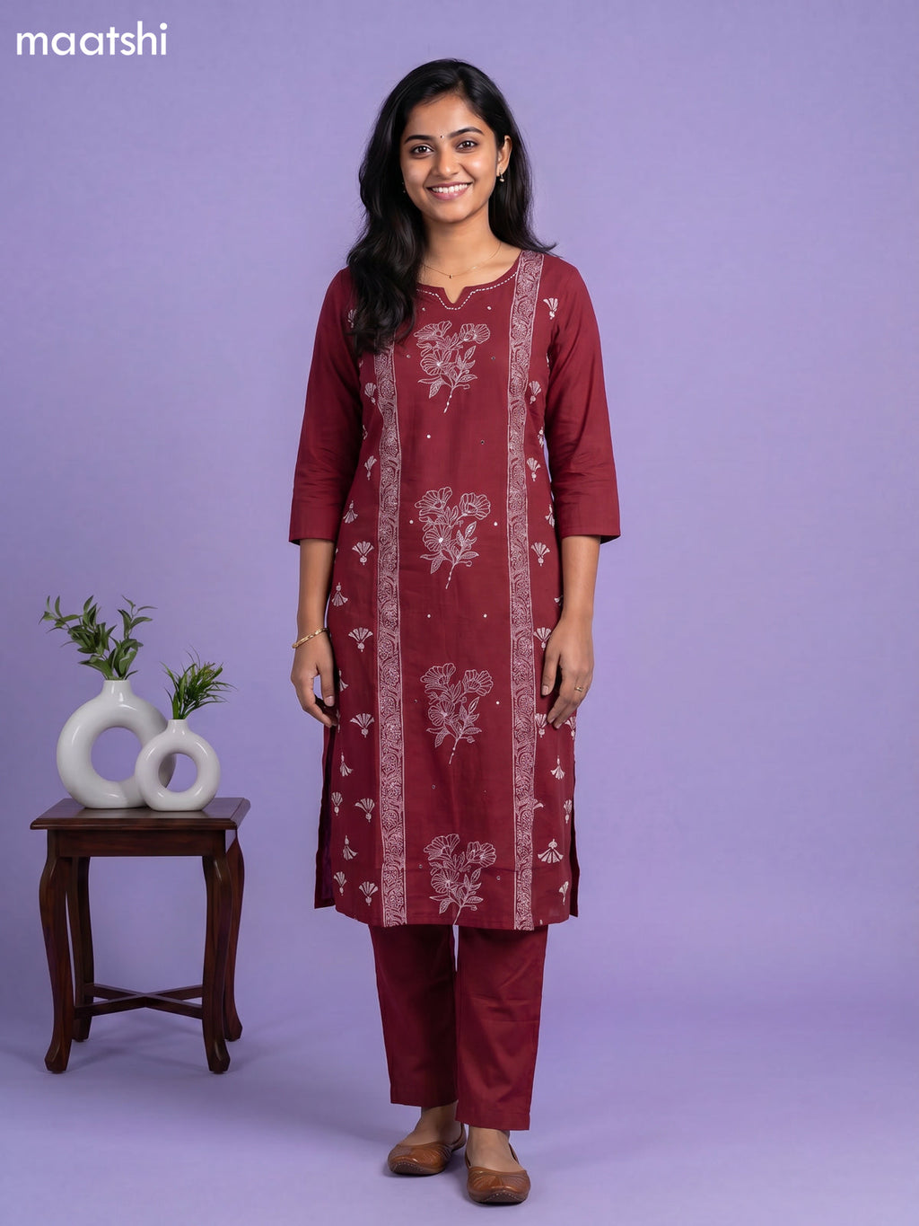 Maroon Cotton Floral Printed Straight Suit