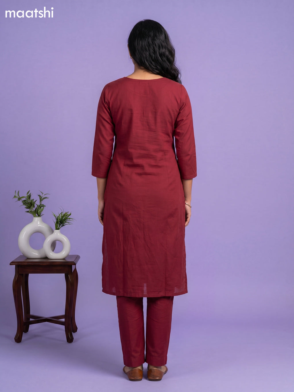 Maroon Cotton Floral Printed Straight Suit