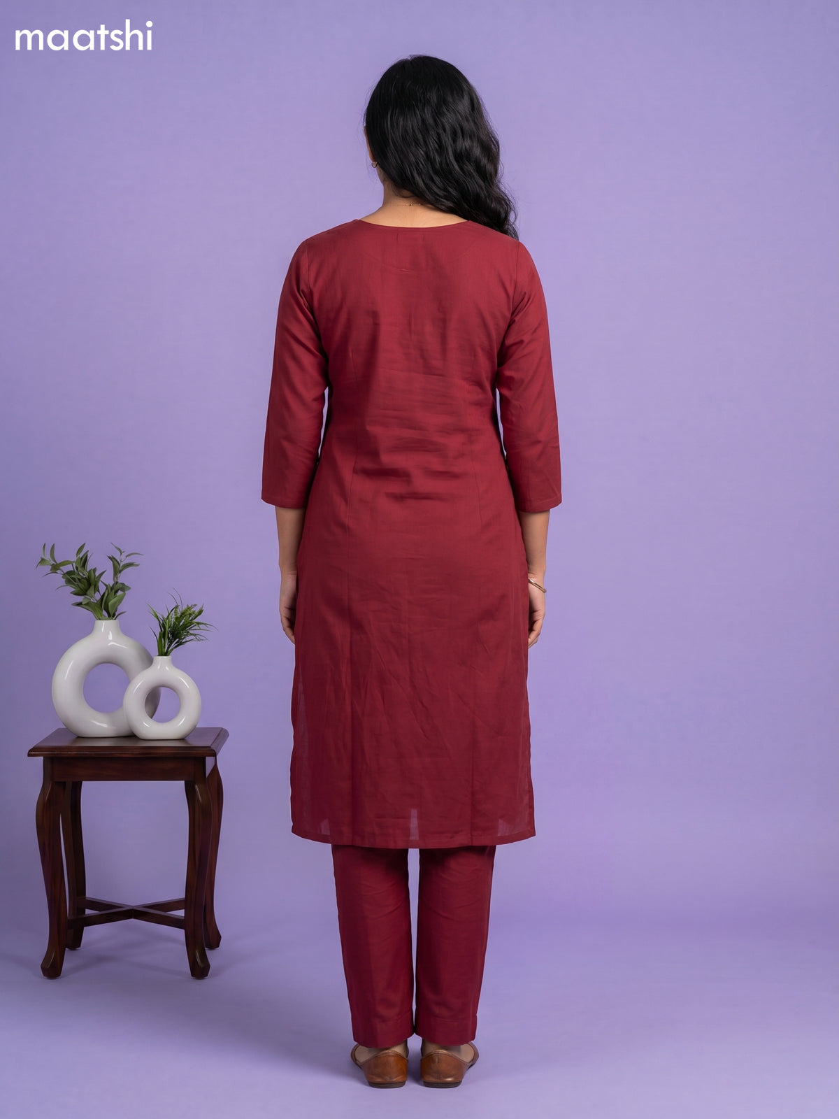 Maroon Cotton Floral Printed Straight Suit