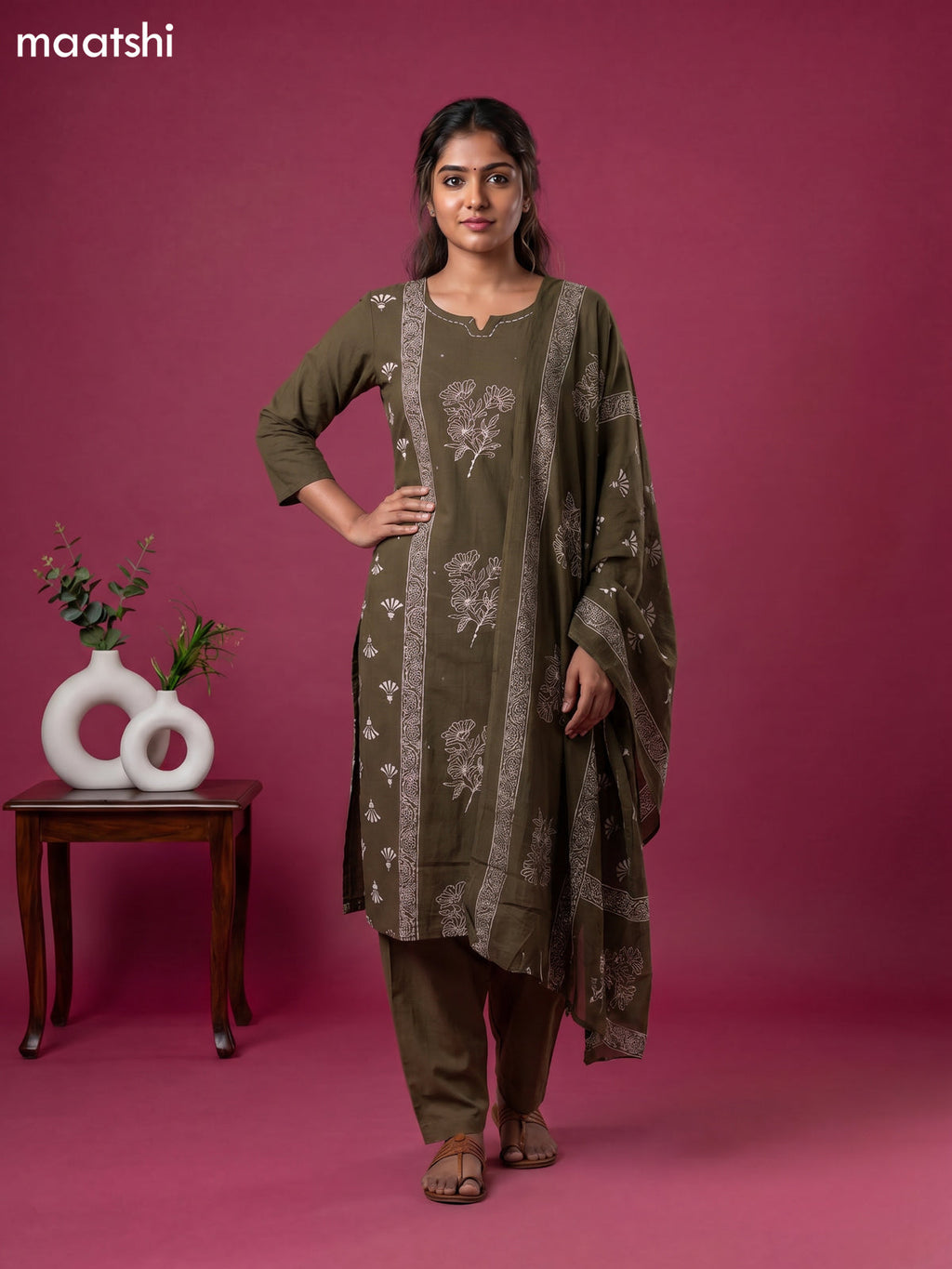 Sap Green Cotton Floral Printed Straight Suit