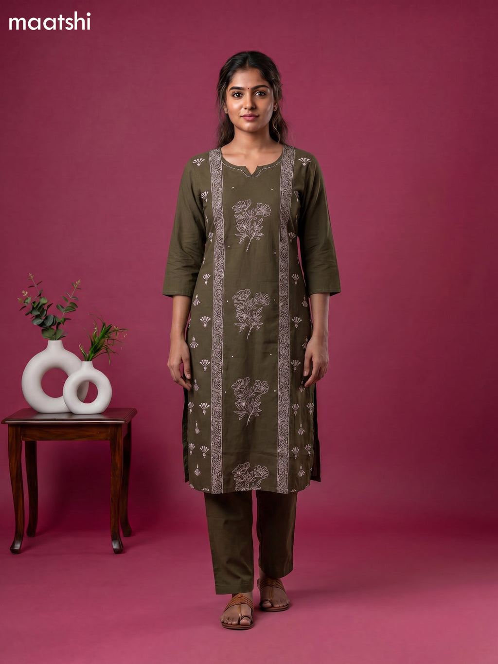 Sap Green Cotton Floral Printed Straight Suit