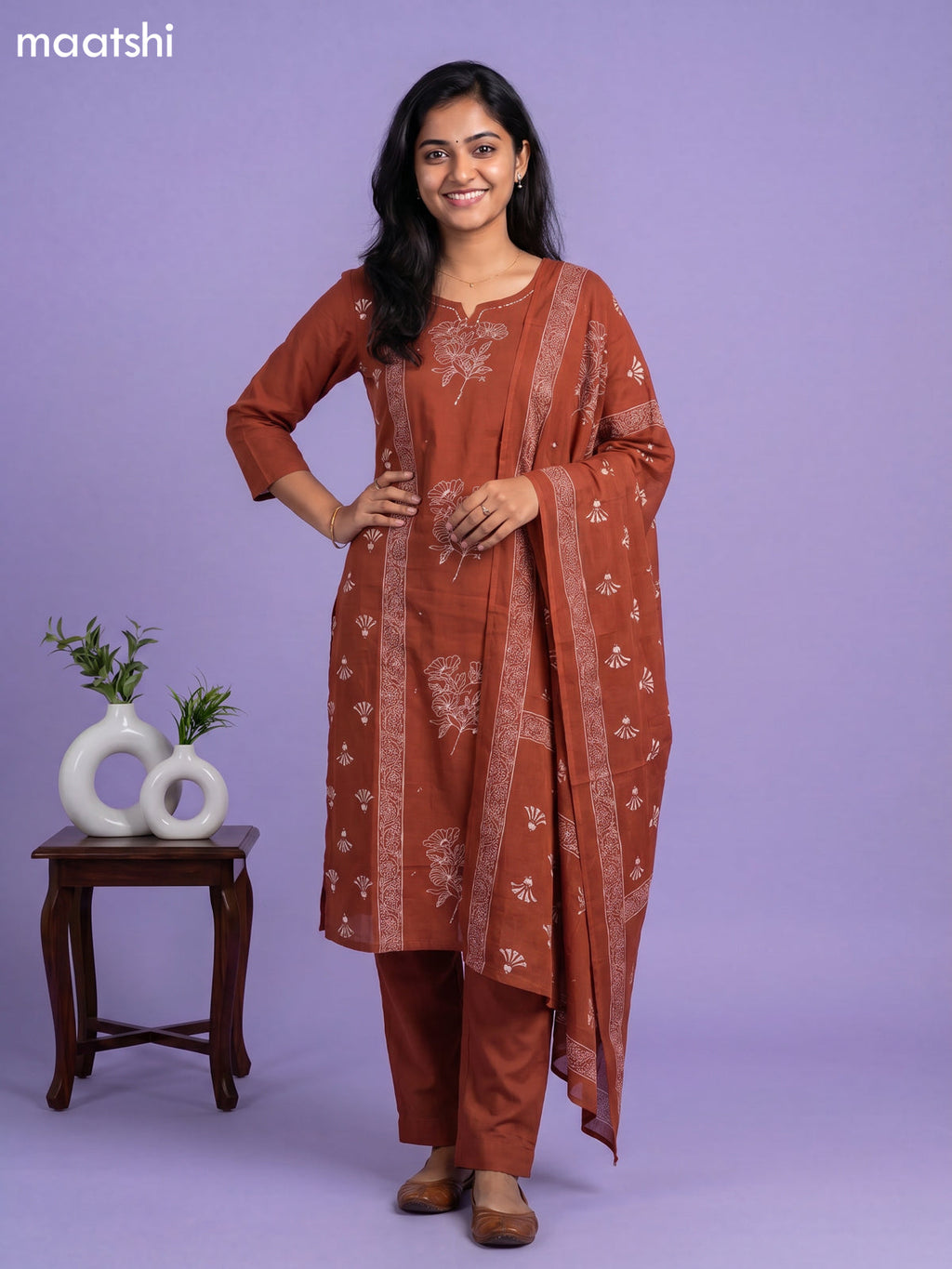 Orange Cotton Floral Printed Straight Suit