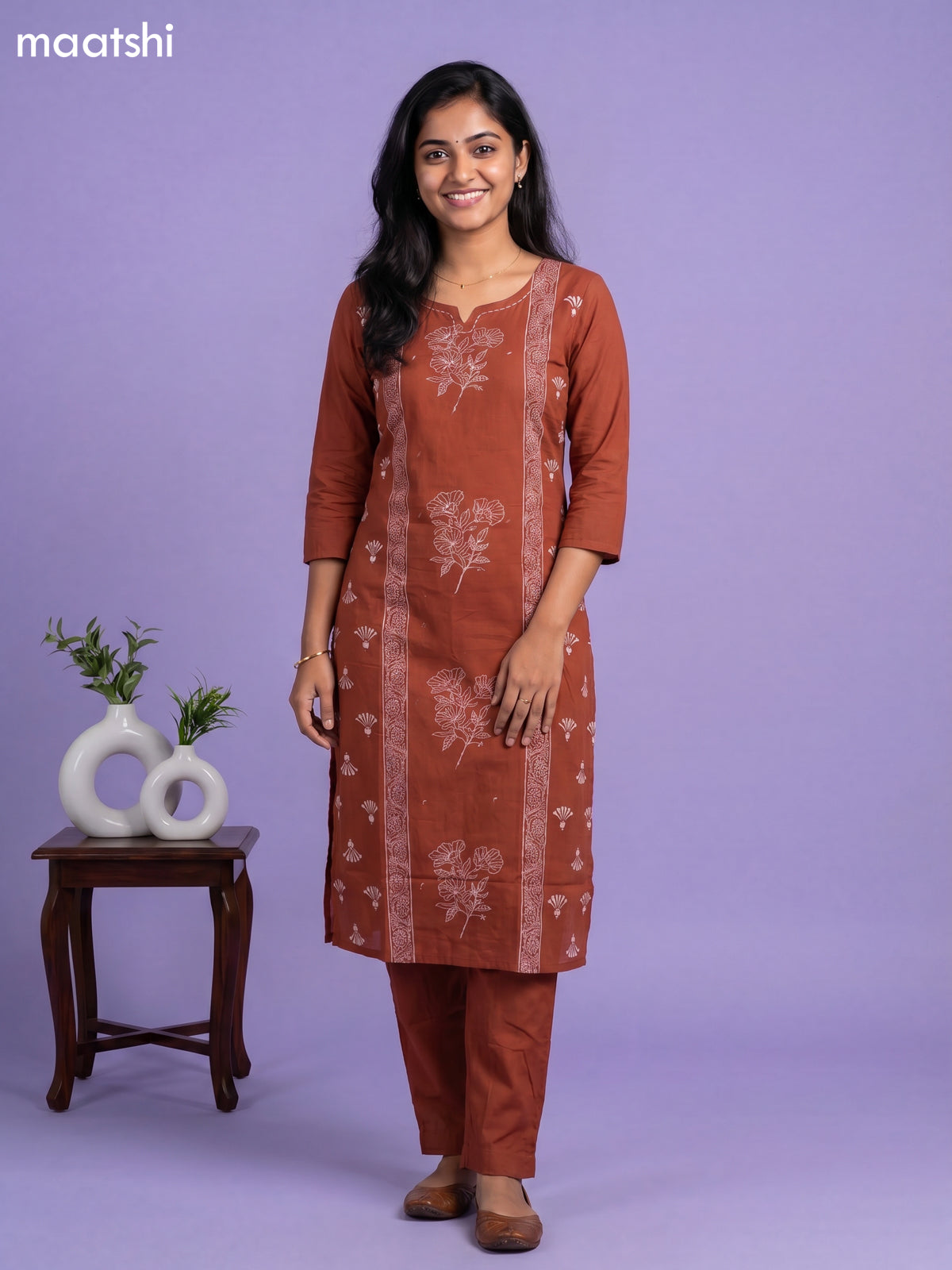 Orange Cotton Floral Printed Straight Suit