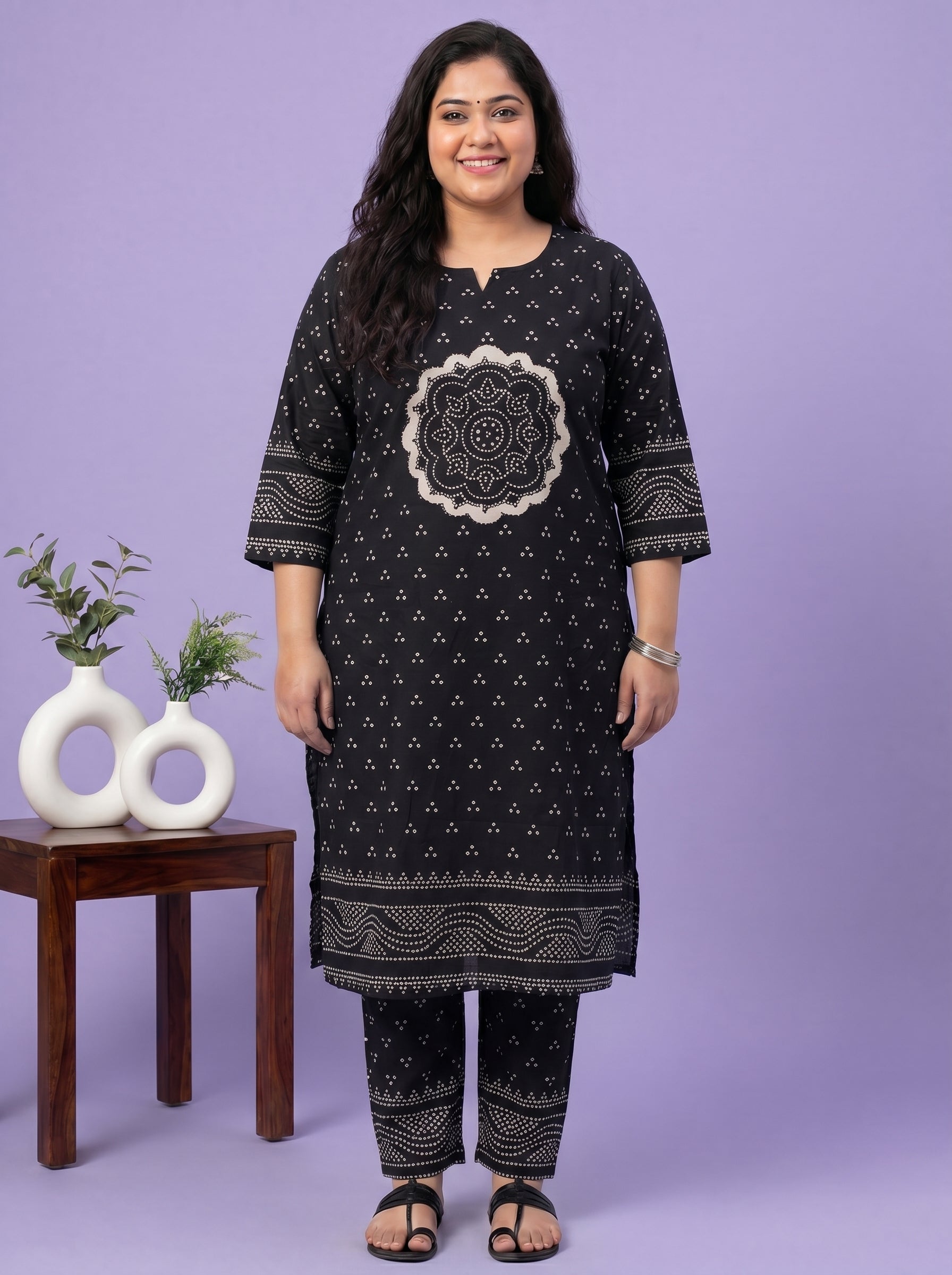 Black Cotton Bandhani Printed Straight Suit