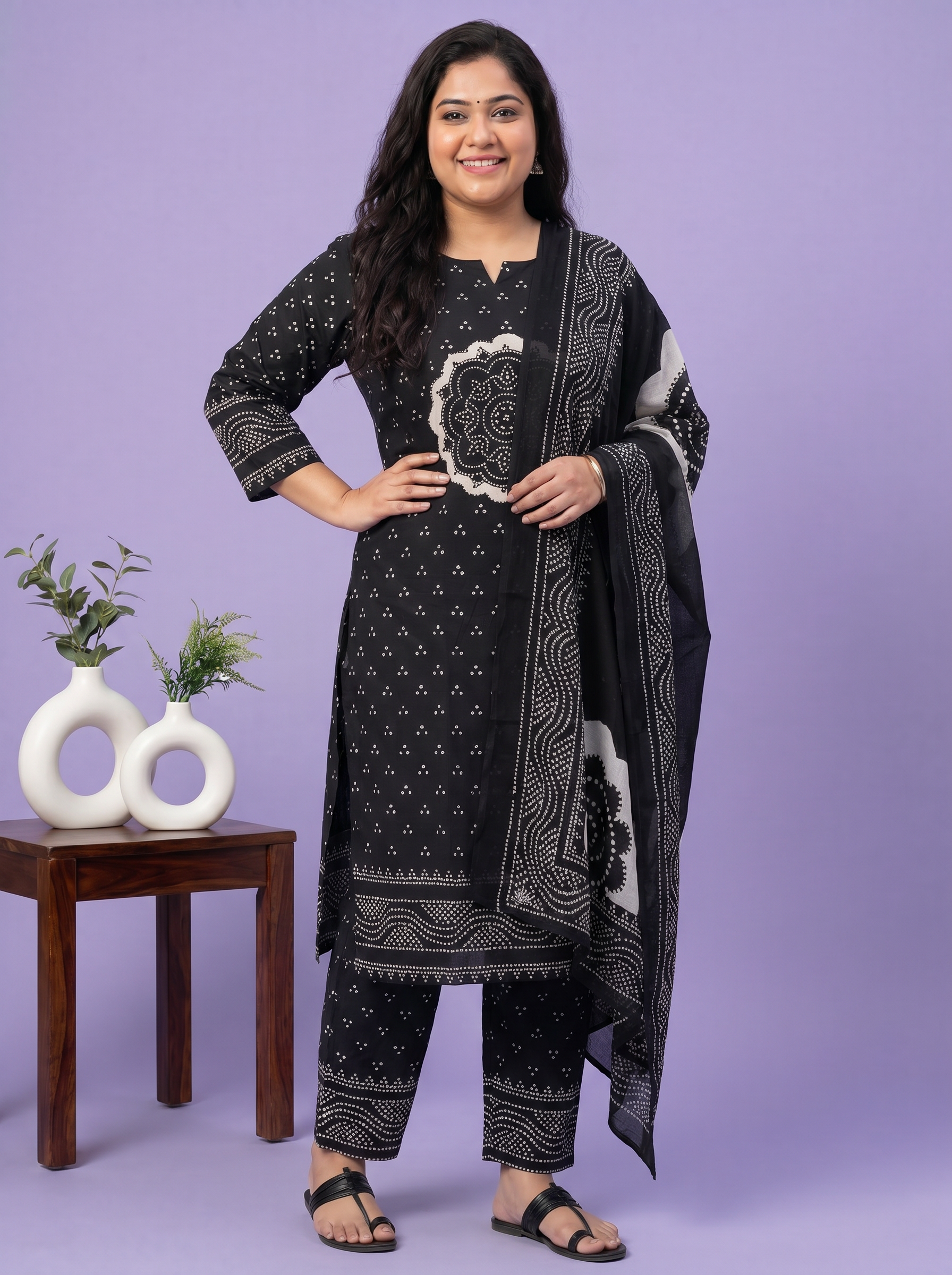 Black Cotton Bandhani Printed Straight Suit