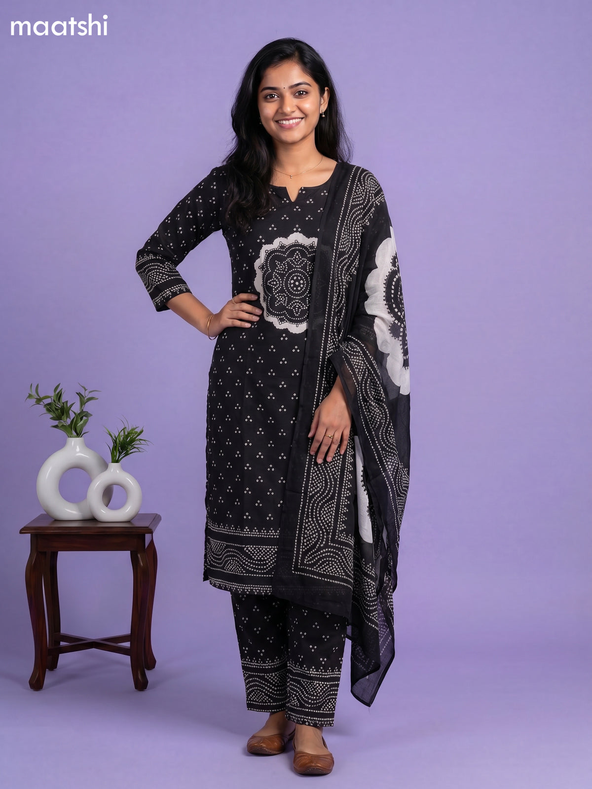 Black Cotton Bandhani Printed Straight Suit