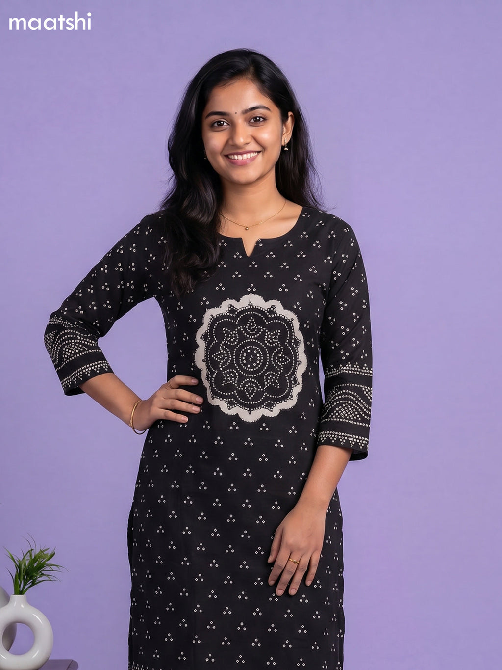 Black Cotton Bandhani Printed Straight Suit