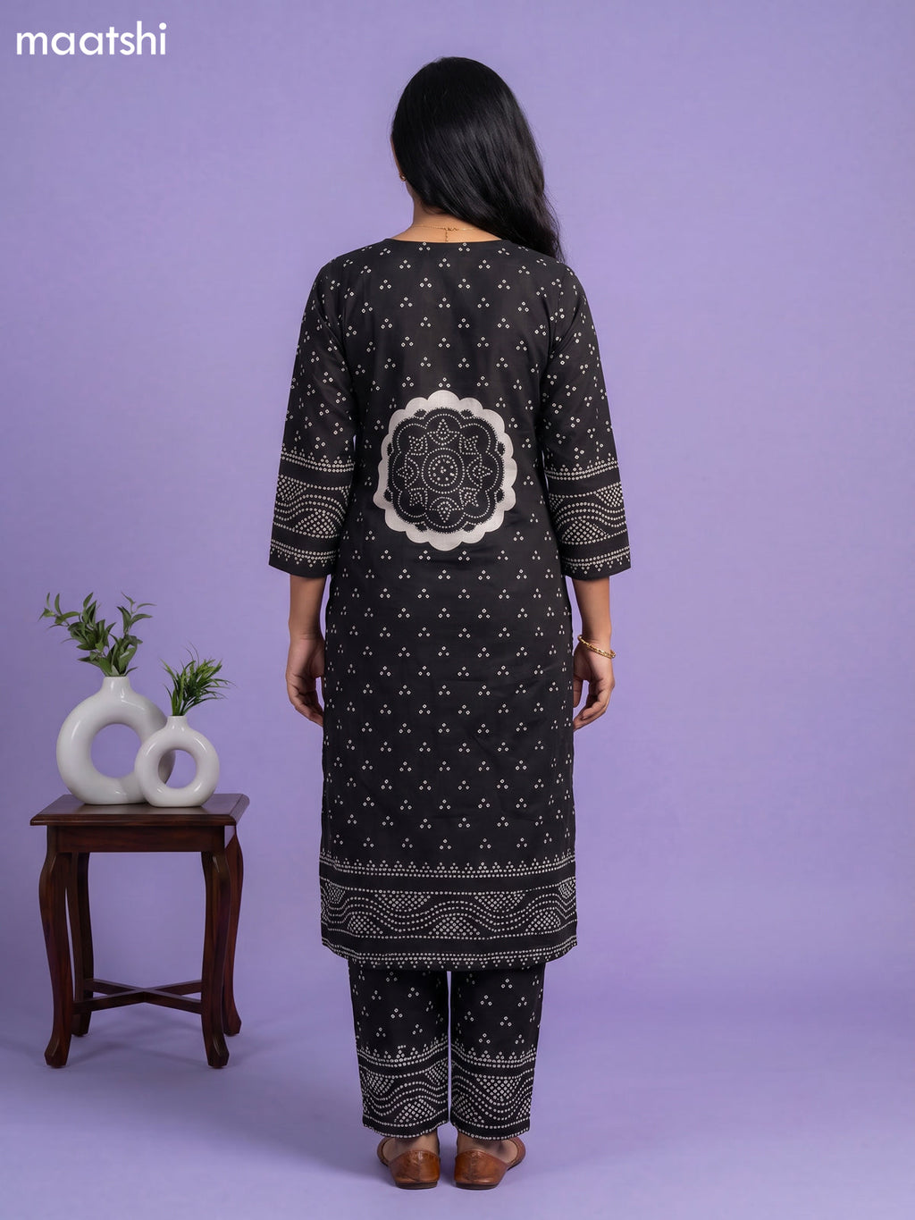 Black Cotton Bandhani Printed Straight Suit