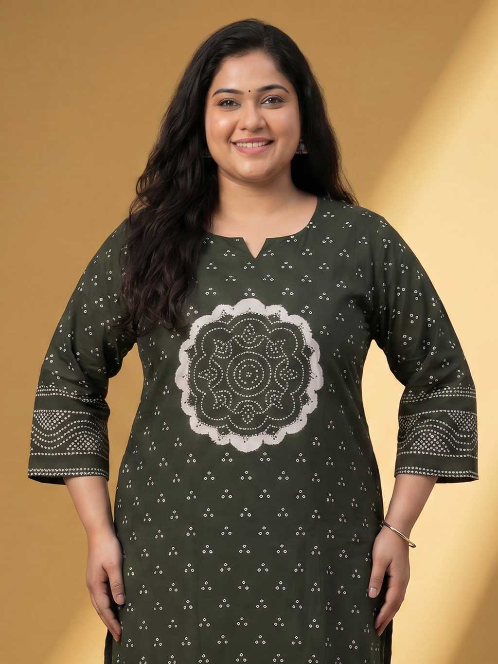 Dark Sap Green Cotton Bandhani Printed Straight Suit