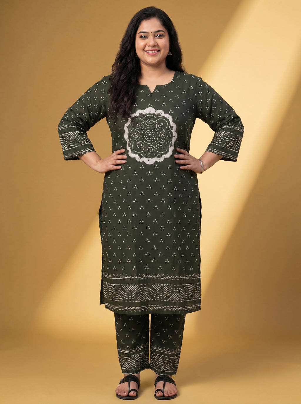 Dark Sap Green Cotton Bandhani Printed Straight Suit
