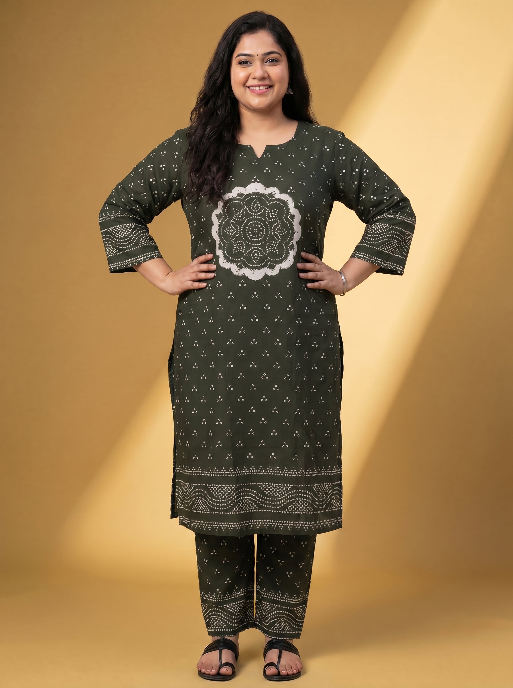 Dark Sap Green Cotton Bandhani Printed Straight Suit