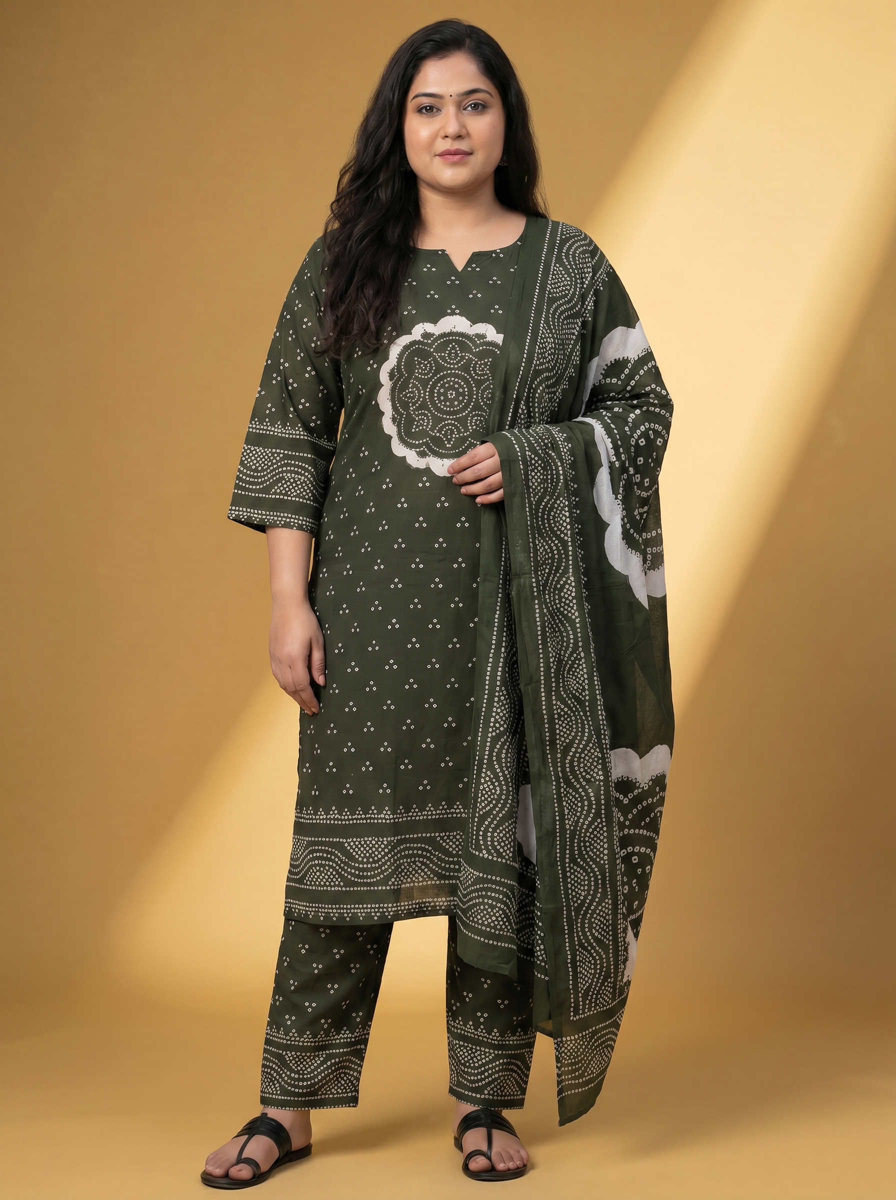 Dark Sap Green Cotton Bandhani Printed Straight Suit