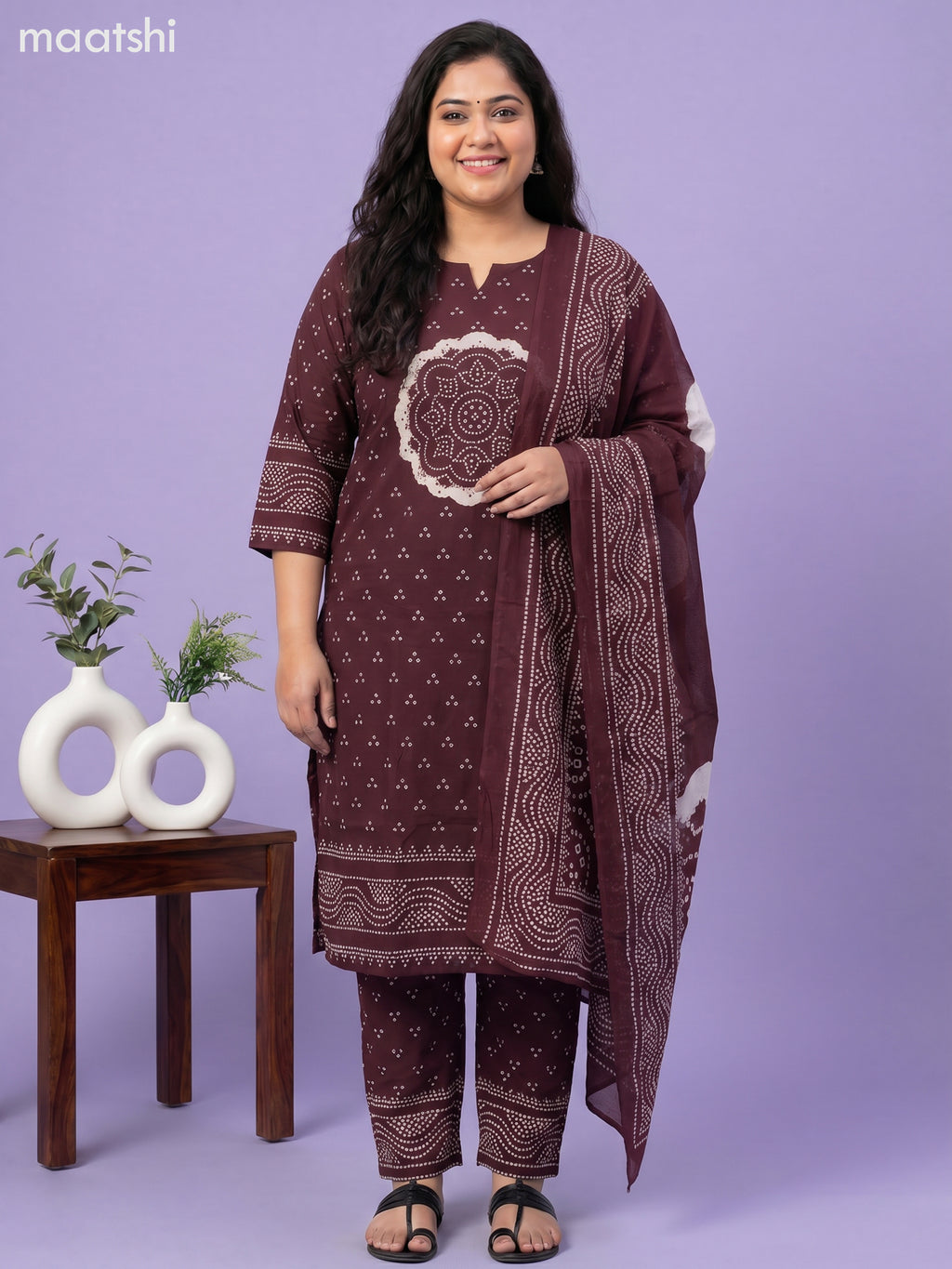 Dark Wine Cotton Bandhani Printed Straight Suit
