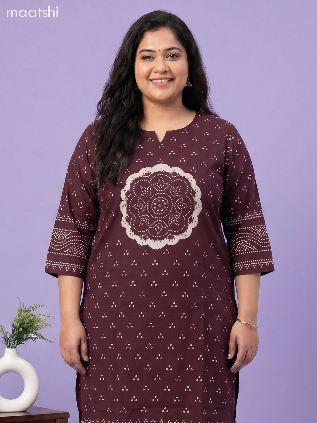 Dark Wine Cotton Bandhani Printed Straight Suit