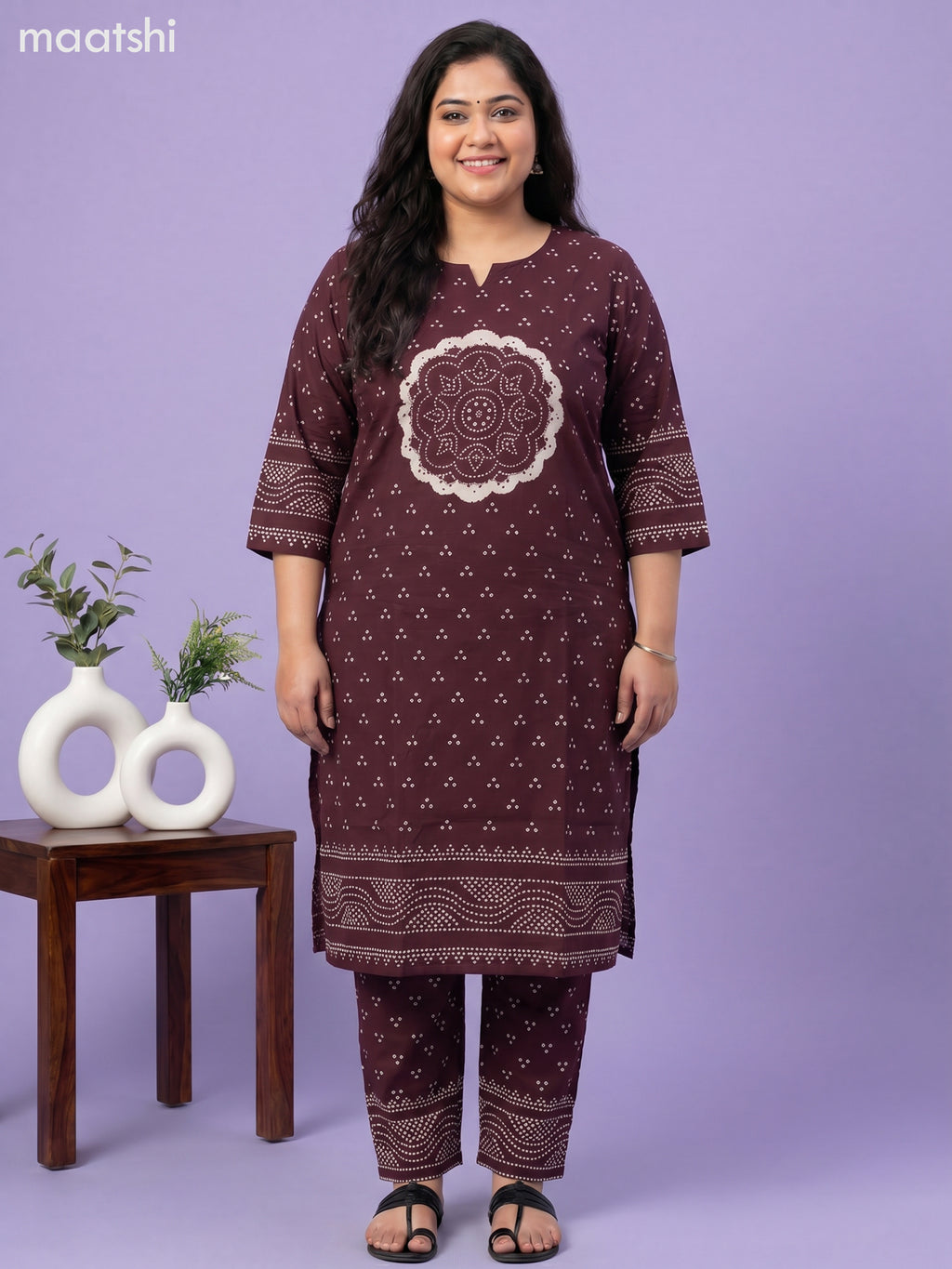 Dark Wine Cotton Bandhani Printed Straight Suit