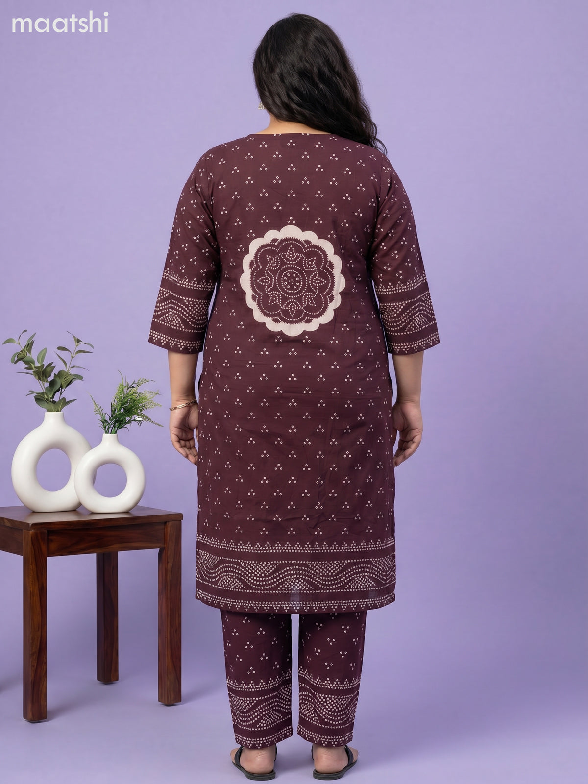 Dark Wine Cotton Bandhani Printed Straight Suit