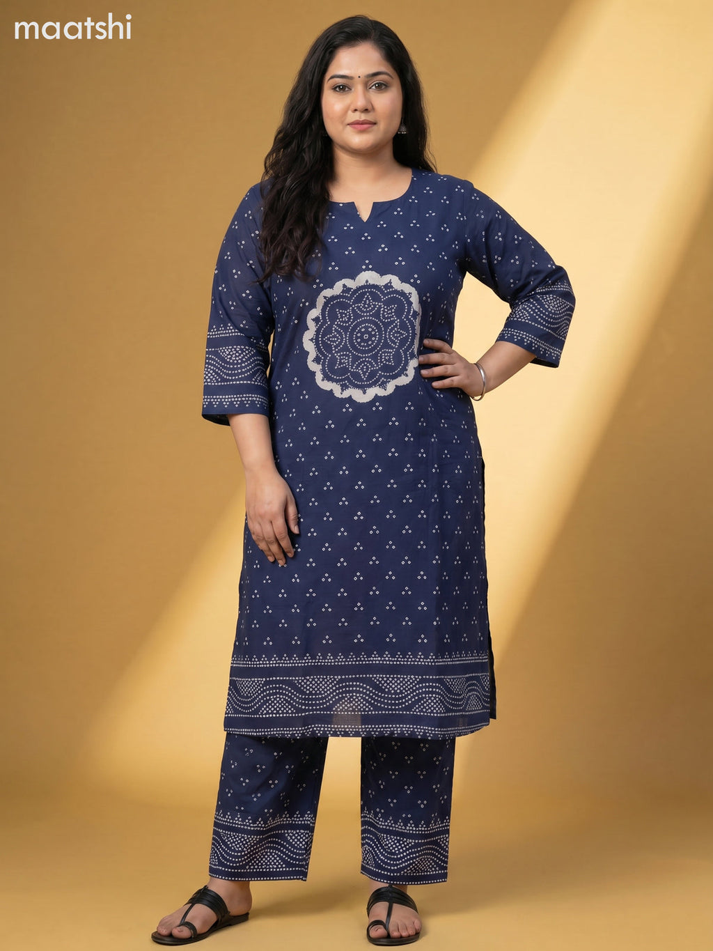 Blue Cotton Bandhani Printed Straight Suit