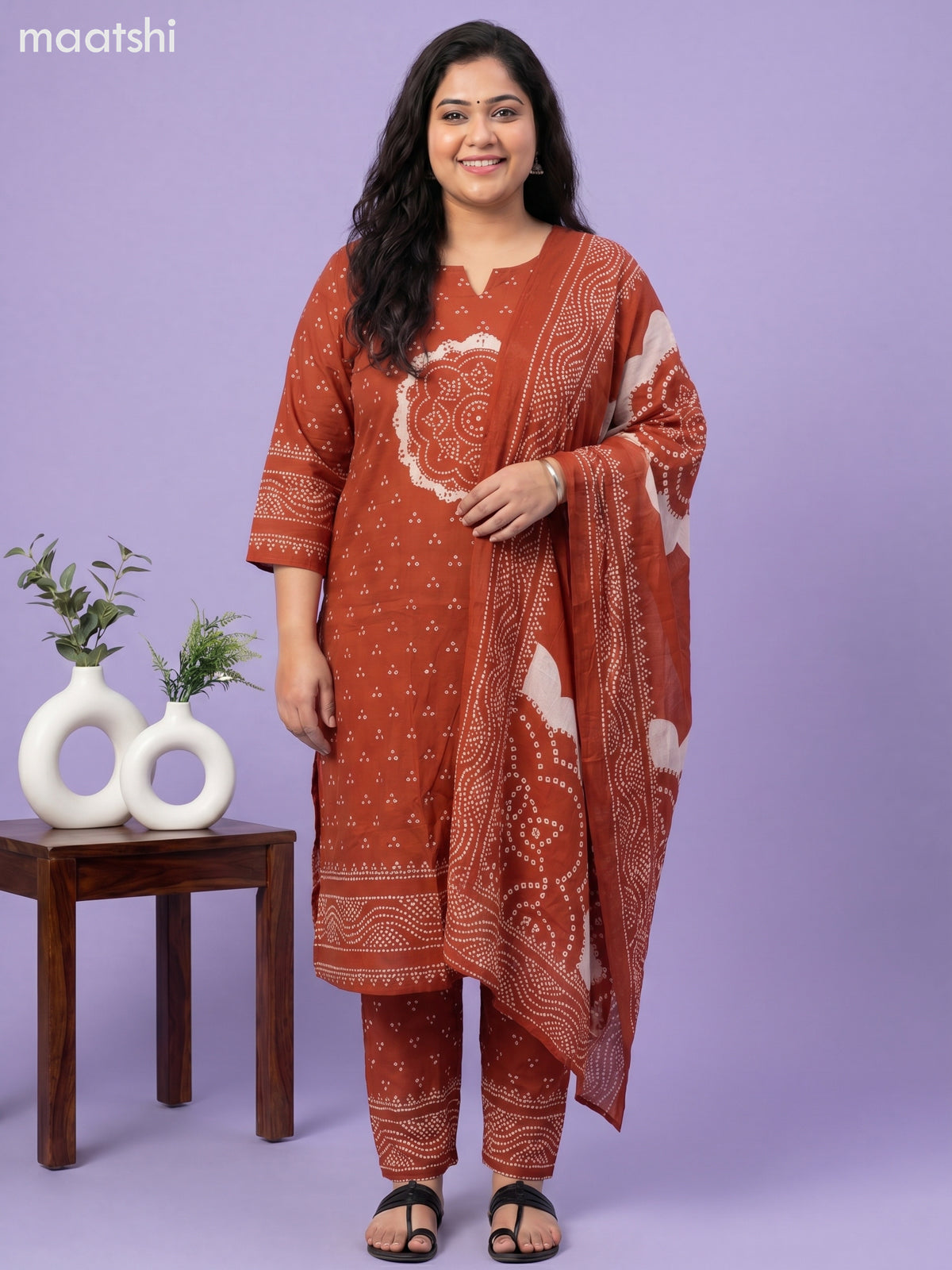 Rust Orange Cotton Bandhani Printed Straight Suit