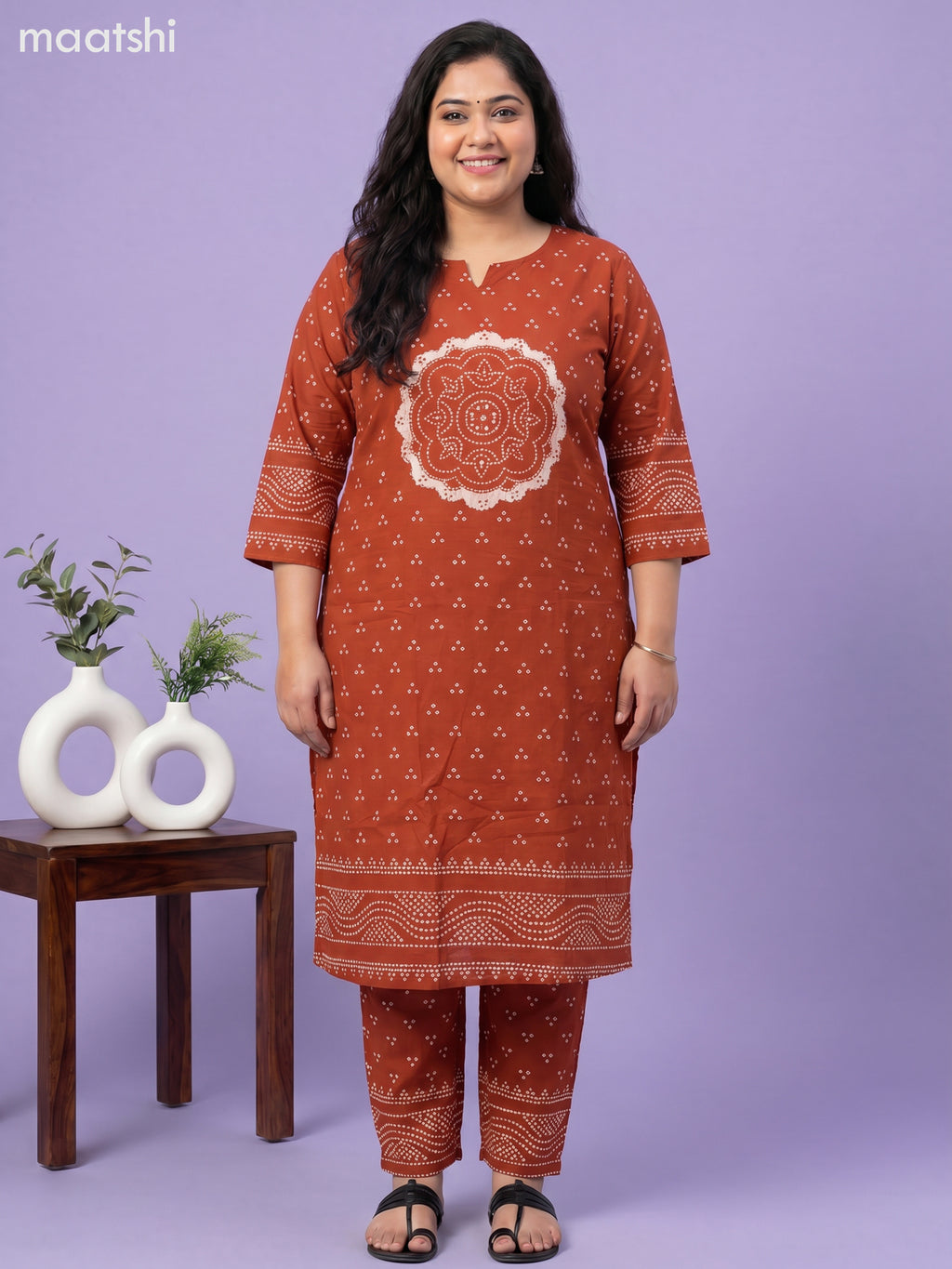 Rust Orange Cotton Bandhani Printed Straight Suit