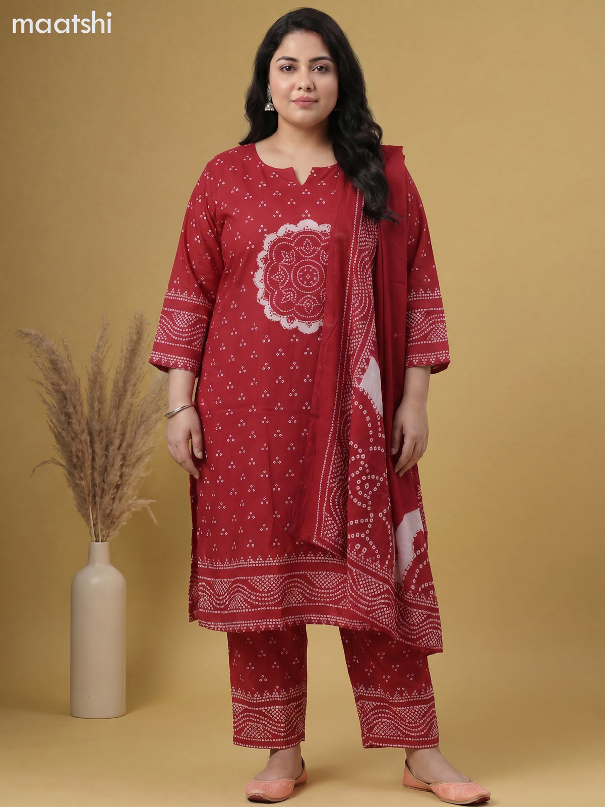 Red Cotton Bandhani Printed Straight Suit