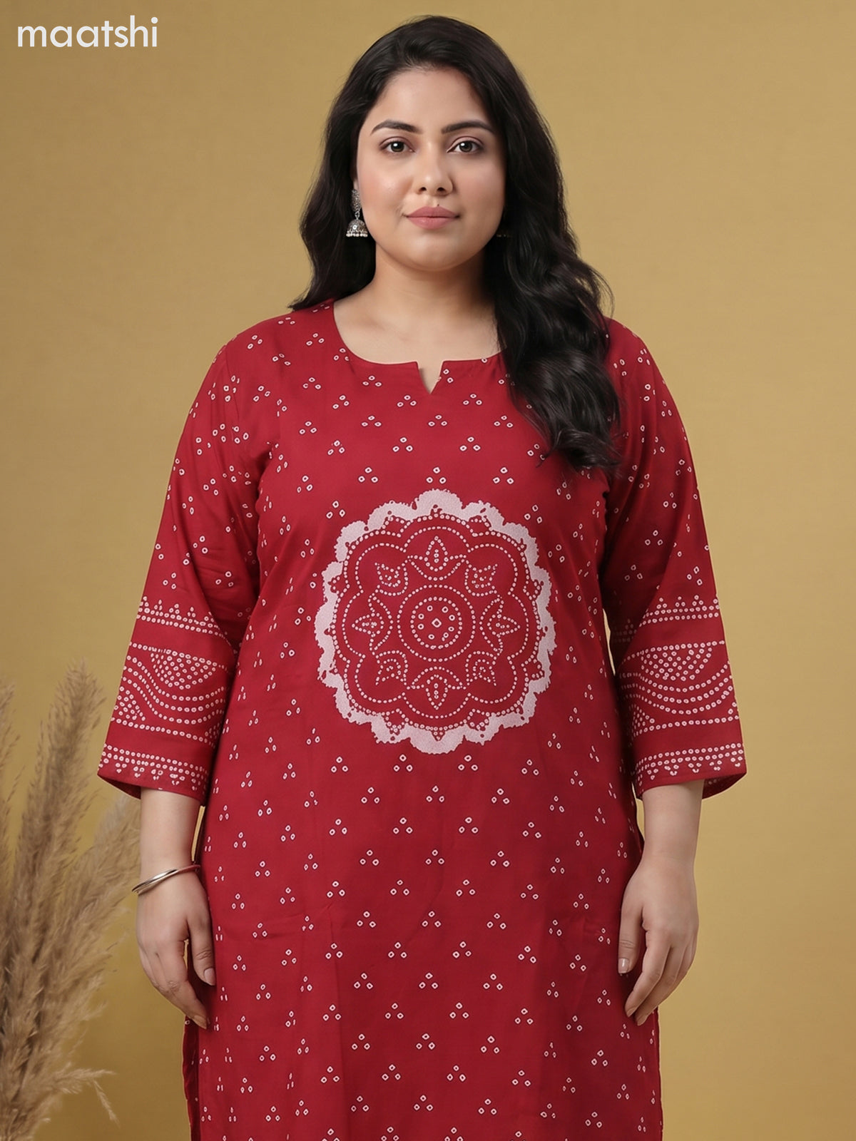 Red Cotton Bandhani Printed Straight Suit