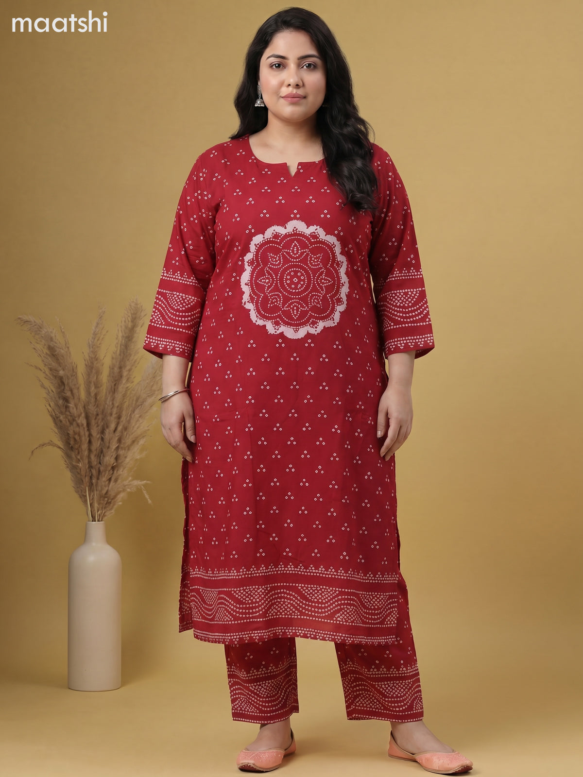 Red Cotton Bandhani Printed Straight Suit