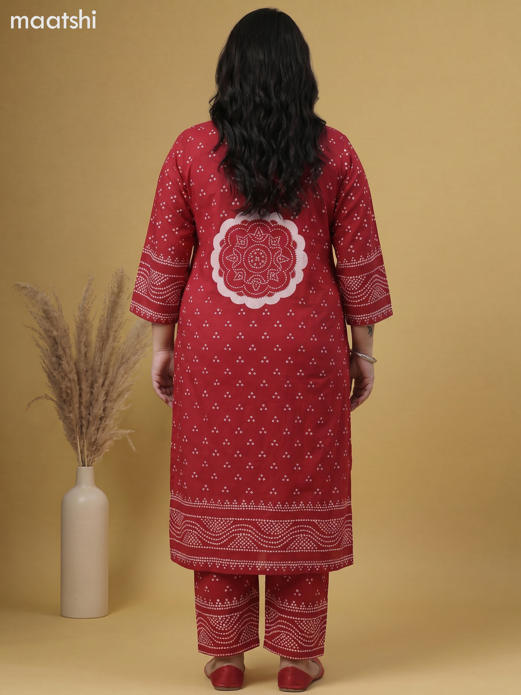 Red Cotton Bandhani Printed Straight Suit
