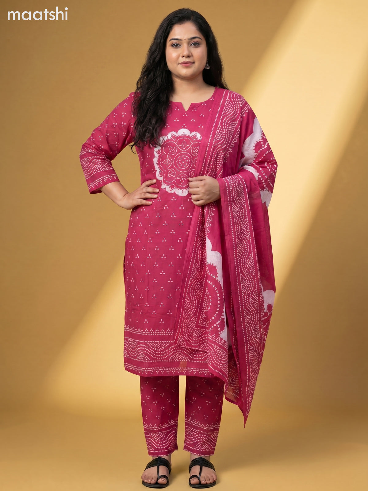 Dark Pink Cotton Bandhani Printed Straight Suit