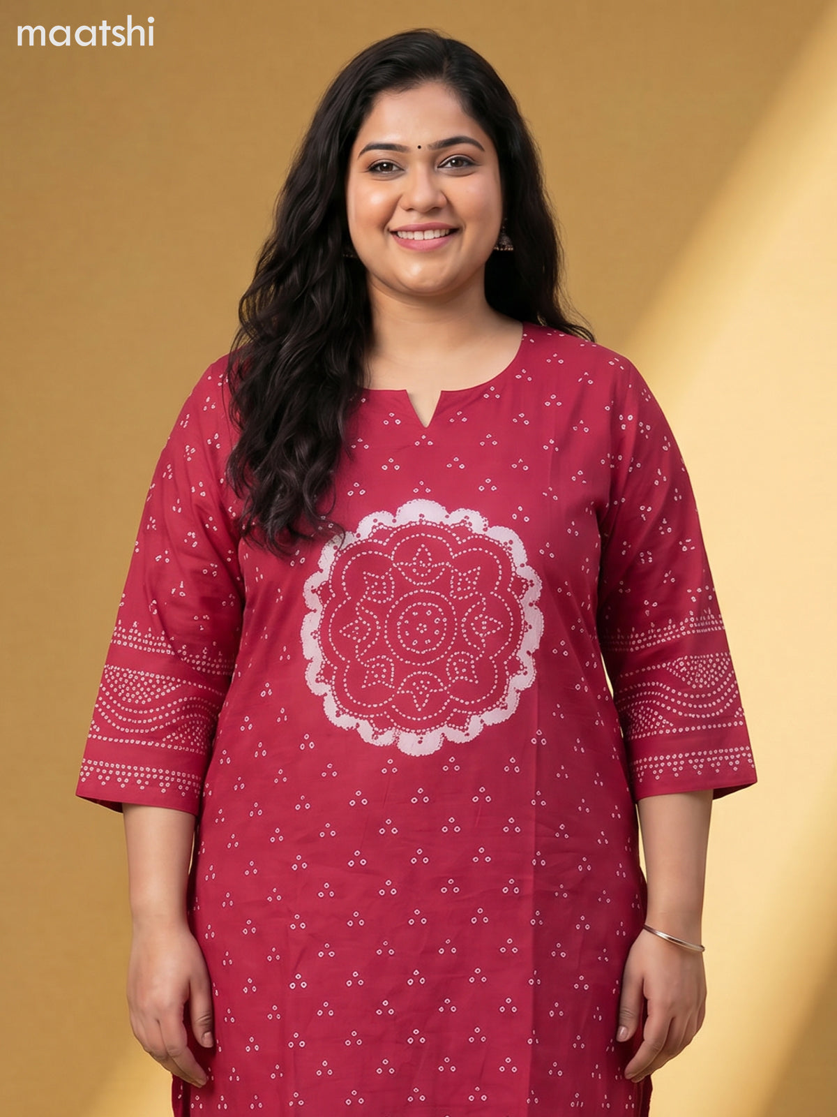Dark Pink Cotton Bandhani Printed Straight Suit