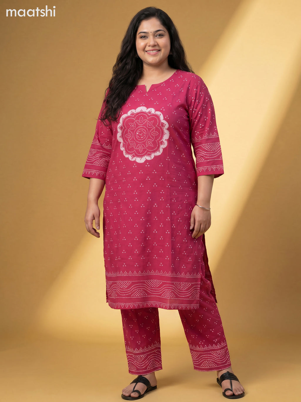 Dark Pink Cotton Bandhani Printed Straight Suit