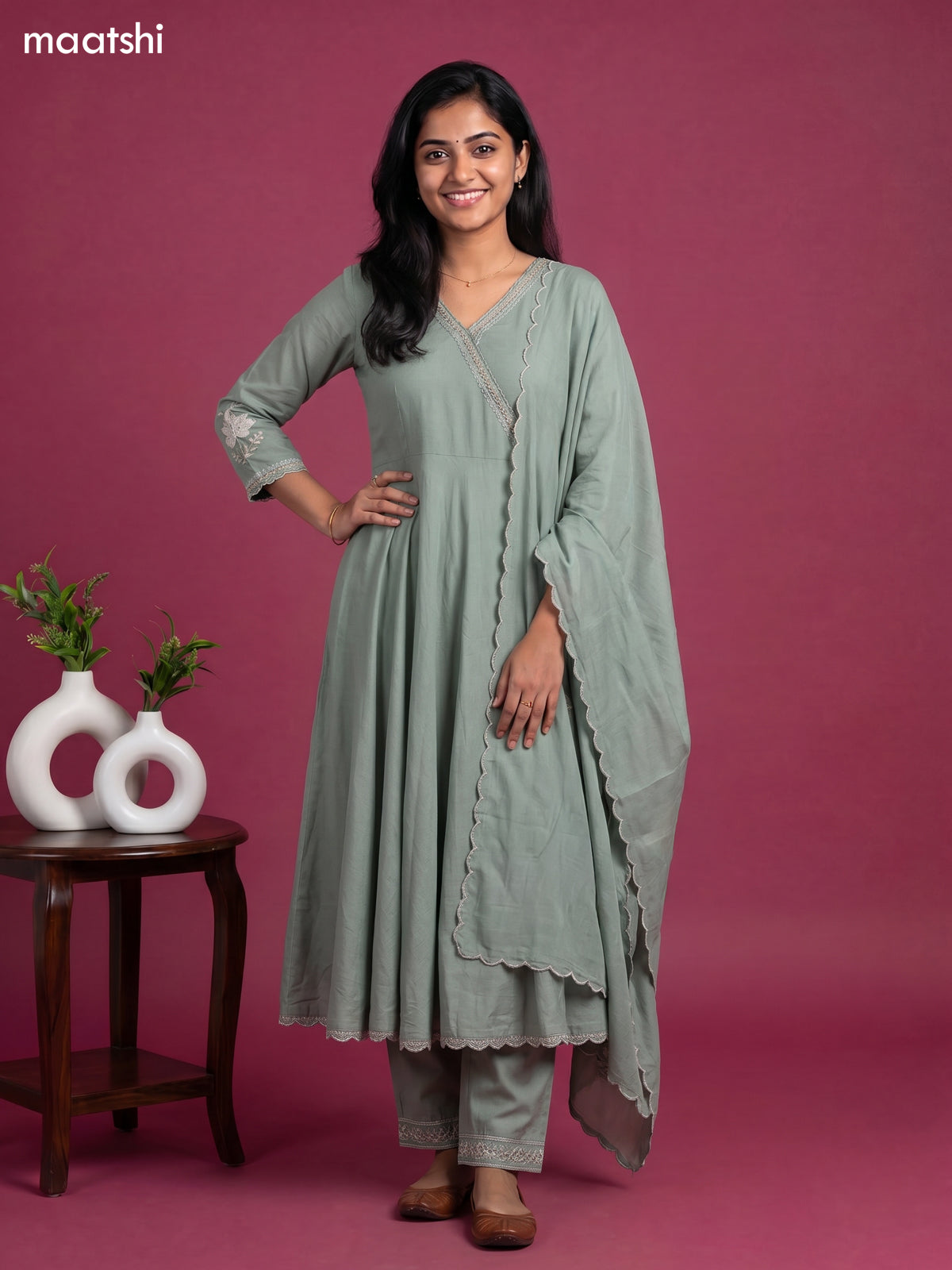 Pastel Green Cotton Embroidery Work Anarkali Suit