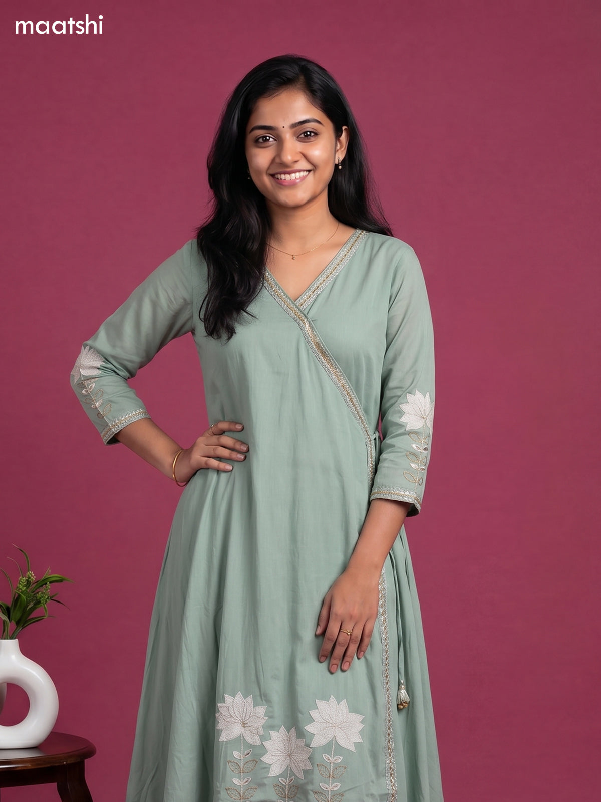 Pastel Green Cotton Embroidery Work Anarkali Suit
