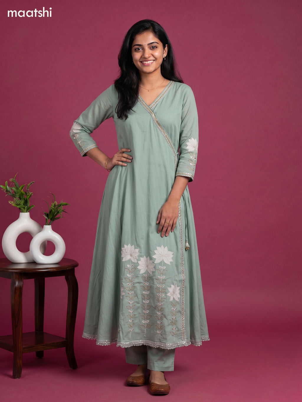 Pastel Green Cotton Embroidery Work Anarkali Suit