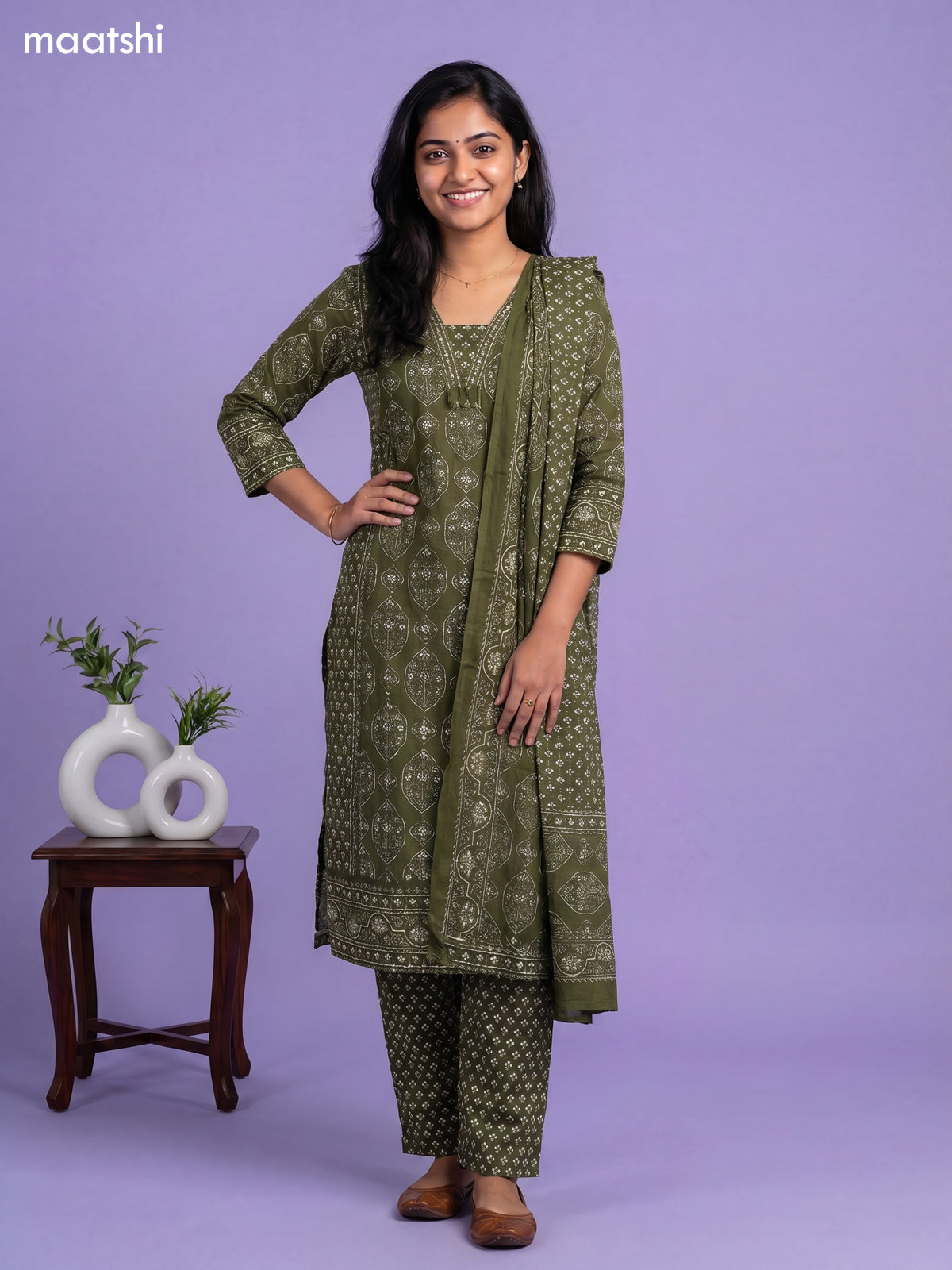 Sap Green Cotton Ajrakh Printed Straight Suit