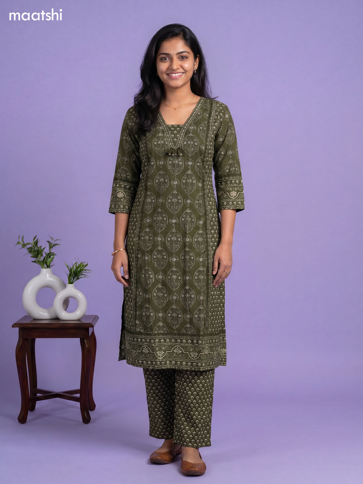 Sap Green Cotton Ajrakh Printed Straight Suit