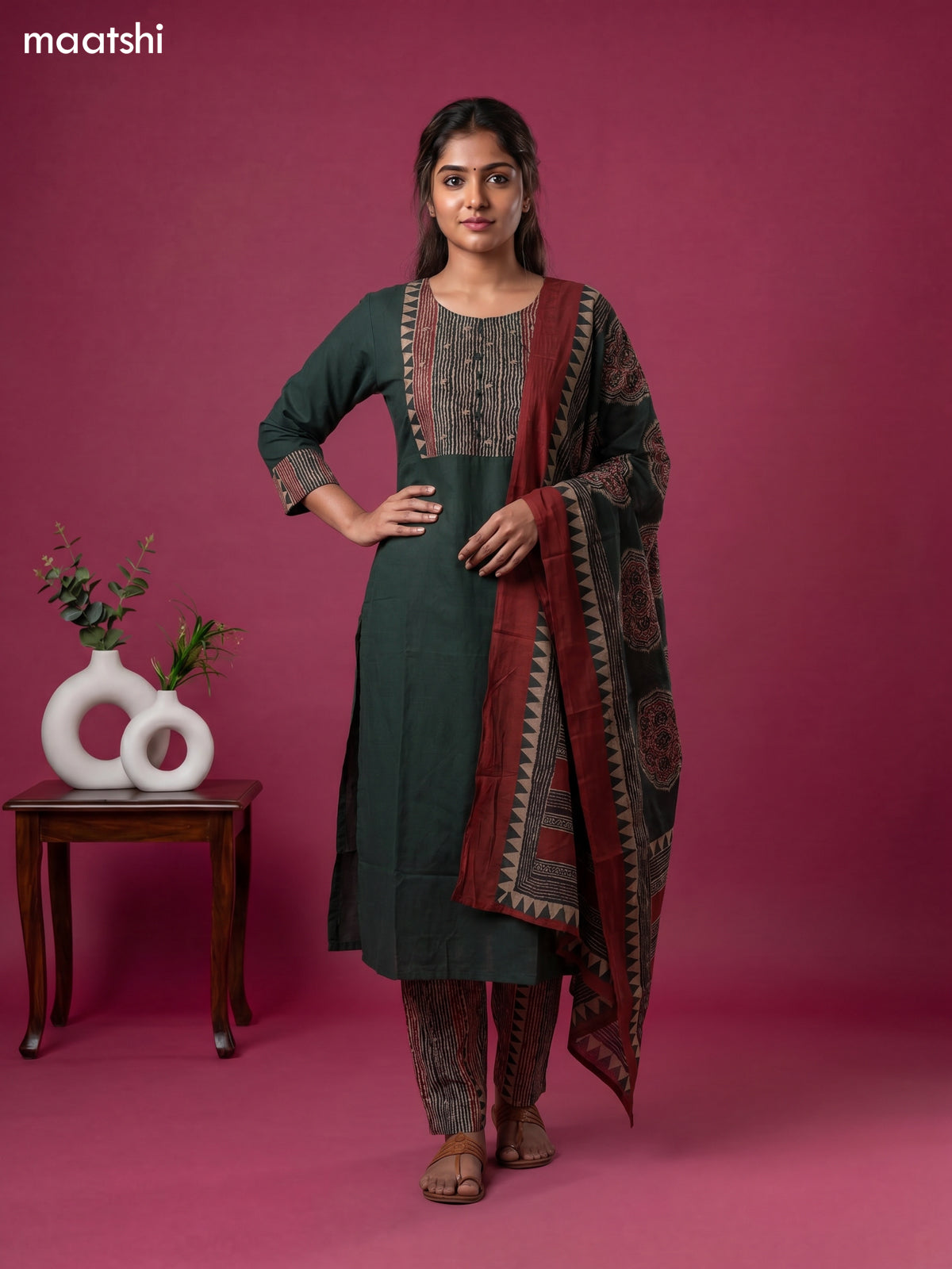Dark Green Cotton Ajrakh Printed Straight Suit
