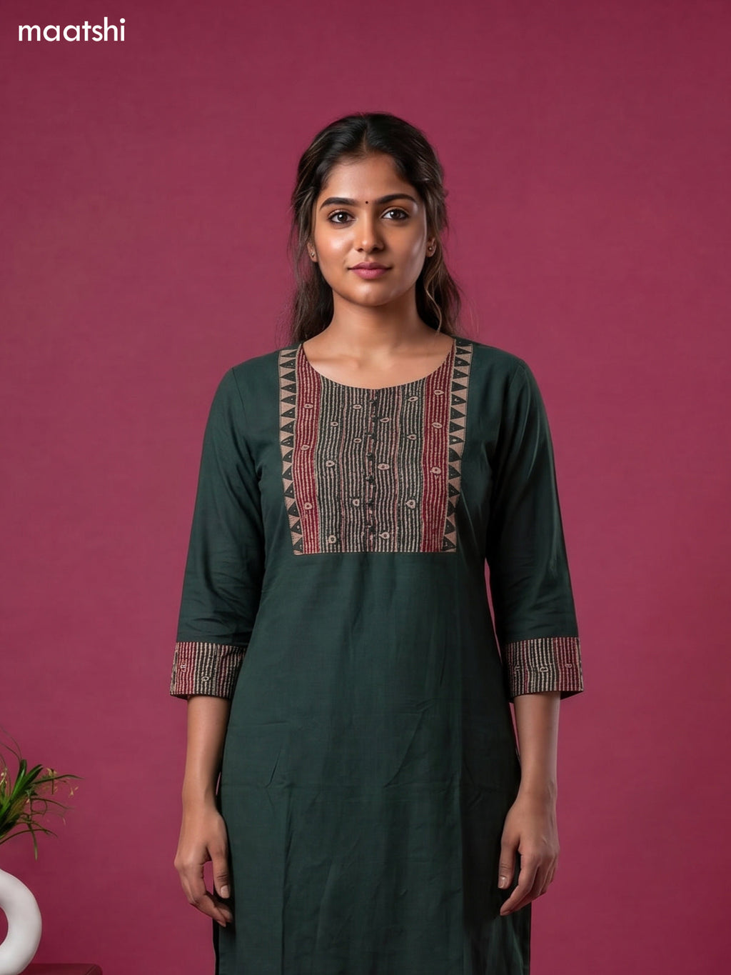 Dark Green Cotton Ajrakh Printed Straight Suit
