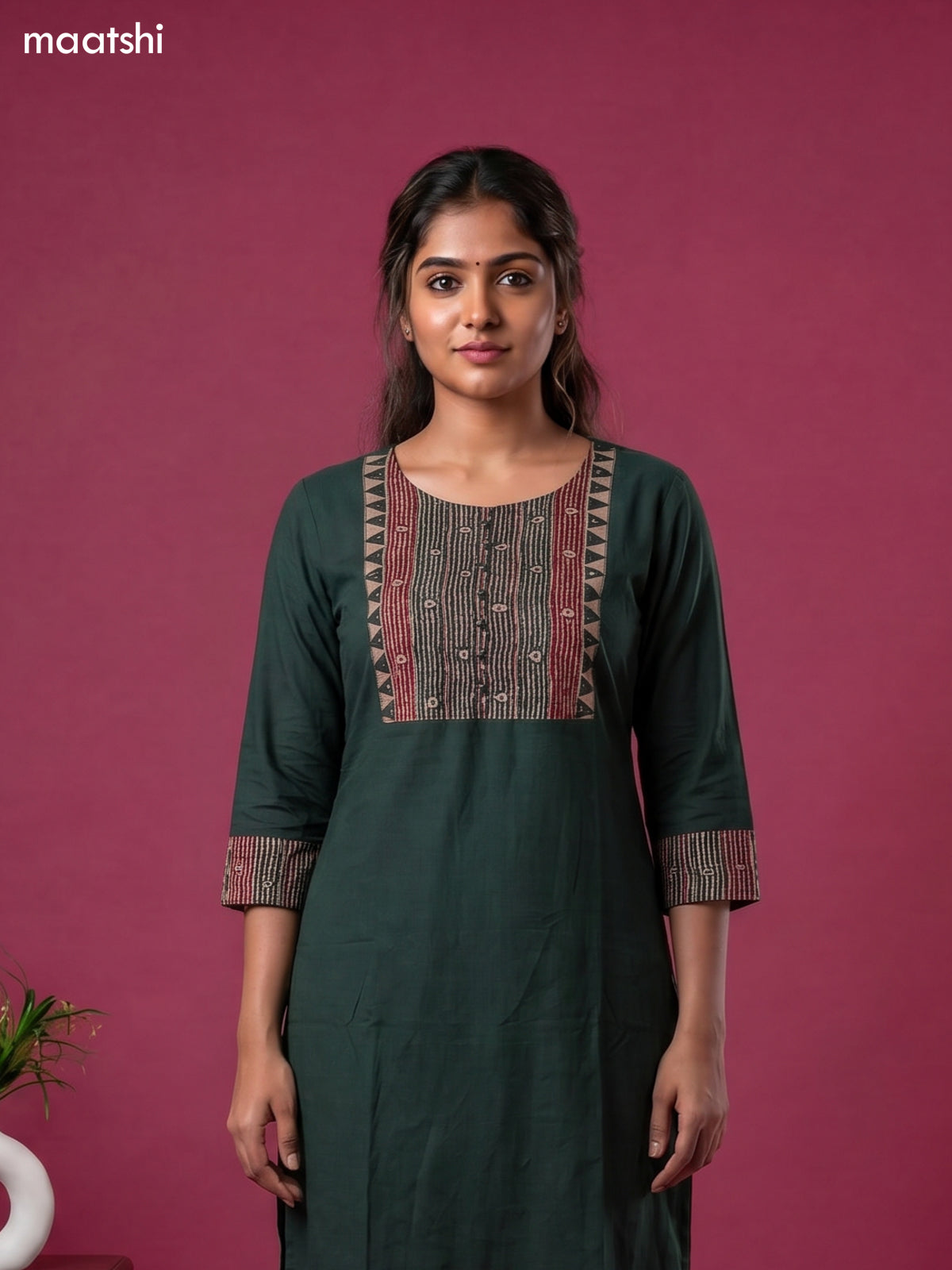 Dark Green Cotton Ajrakh Printed Straight Suit