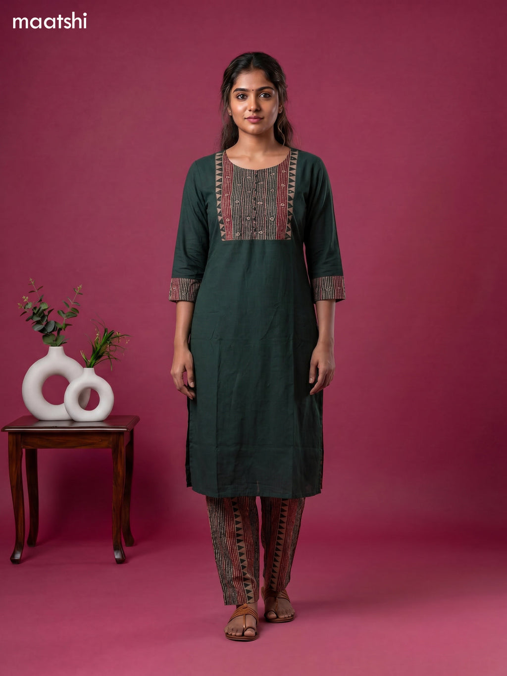 Dark Green Cotton Ajrakh Printed Straight Suit