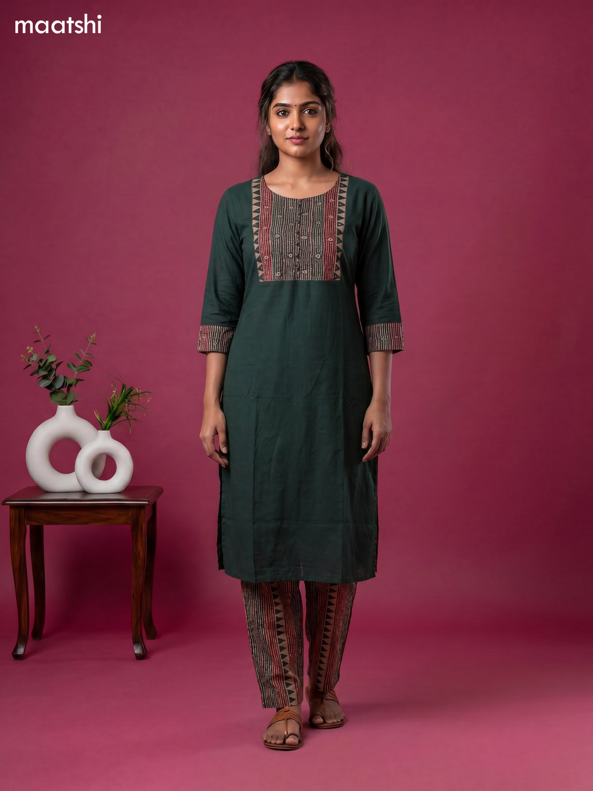 Dark Green Cotton Ajrakh Printed Straight Suit