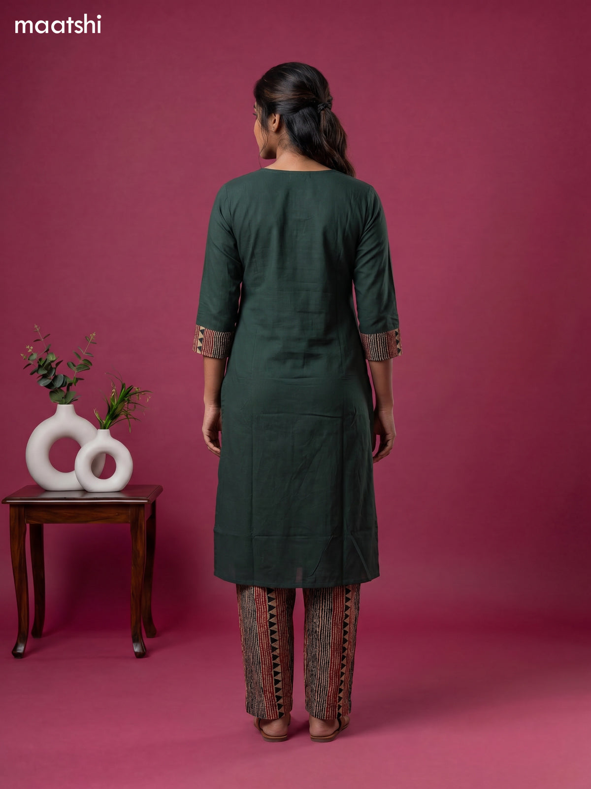 Dark Green Cotton Ajrakh Printed Straight Suit